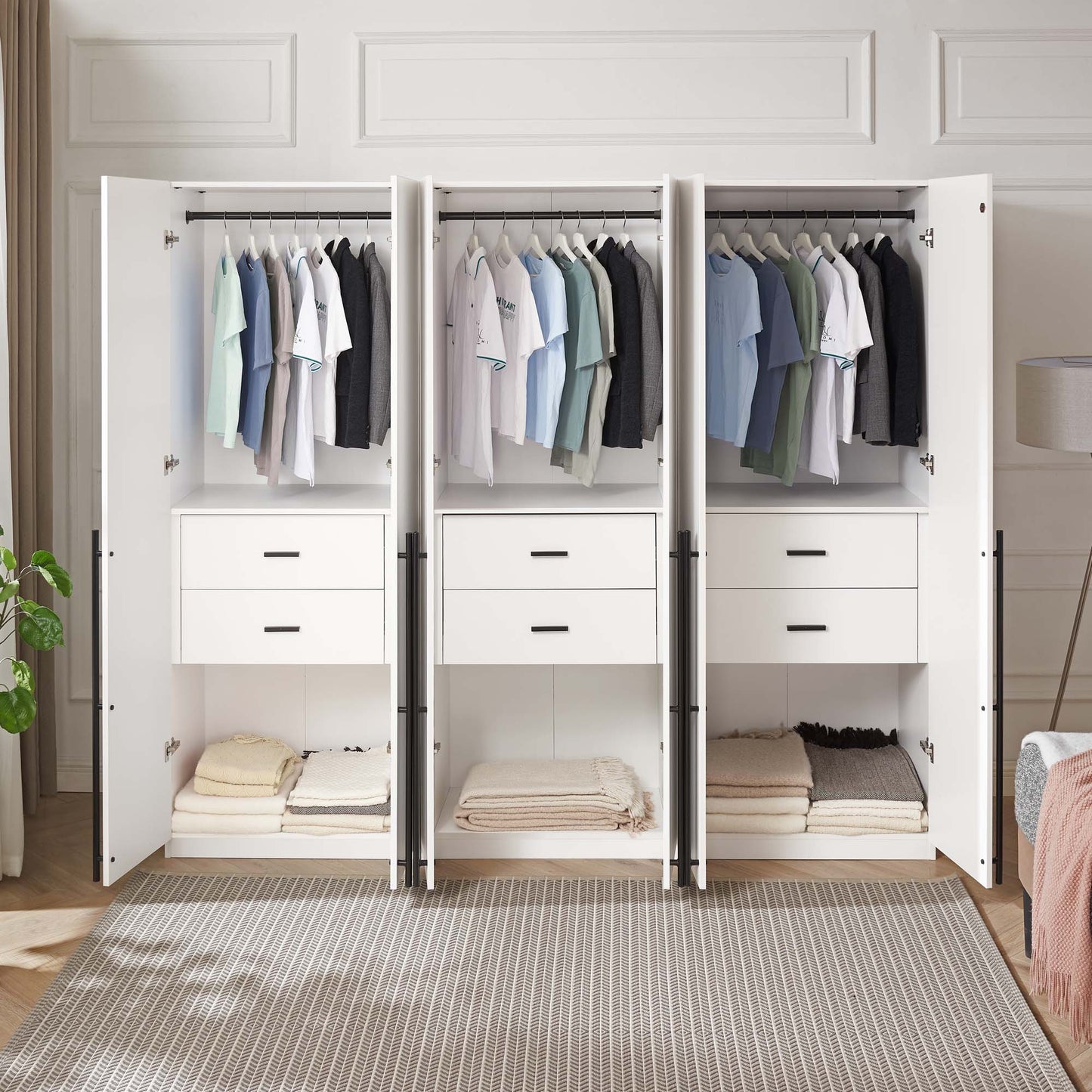 Manhattan Comfort Lee Modern Freestanding Wardrobe Closet 2.0 with 1 Hanging Rod, 1 Shelf, and 2 Drawers in White- Set of 3 3-WC002-WH