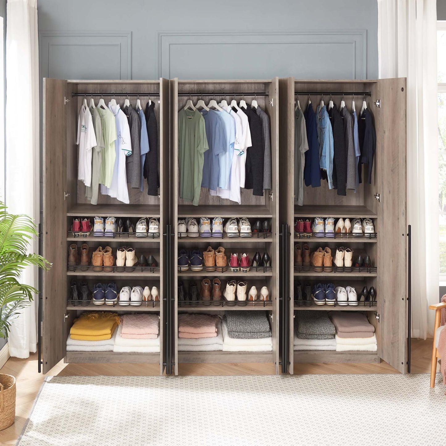 Manhattan Comfort Lee Modern Freestanding Wardrobe Closet 3.0 with 1 Hanging Rod, 3 Shoe Shelves, and 1 Basic Shelf in Rustic Grey- Set of 3 3-WC003-GY