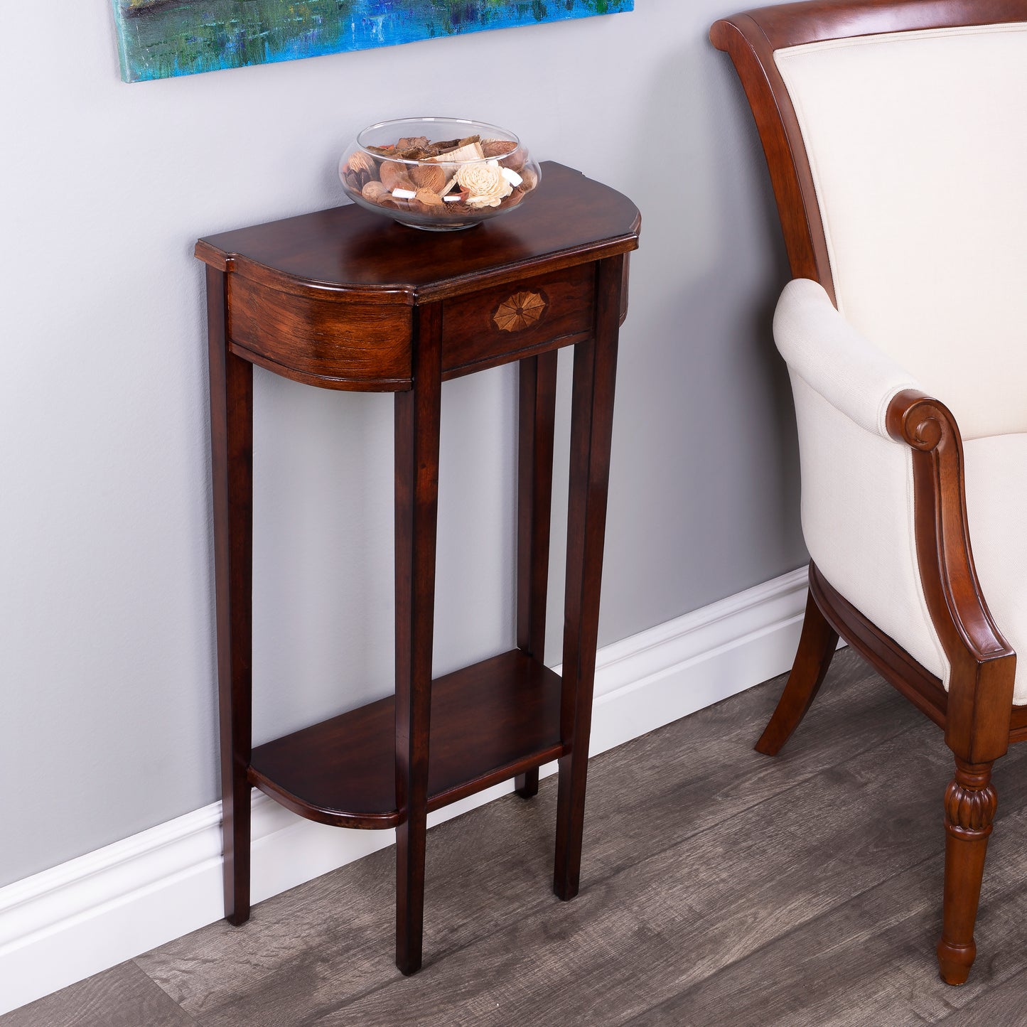 Butler Specialty Company Wendell 17.5 in. W Demilune Wood Console Table with Lower Open Shelf, Dark Brown