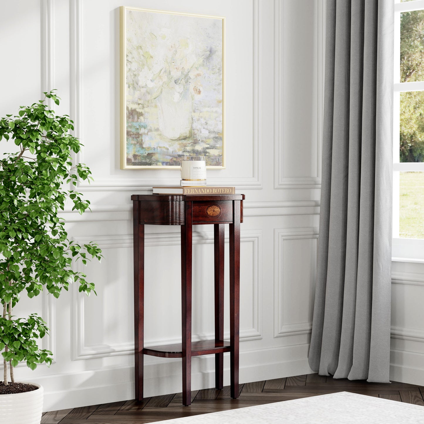 Butler Specialty Company Wendell 17.5 in. W Demilune Wood Console Table with Lower Open Shelf, Dark Brown
