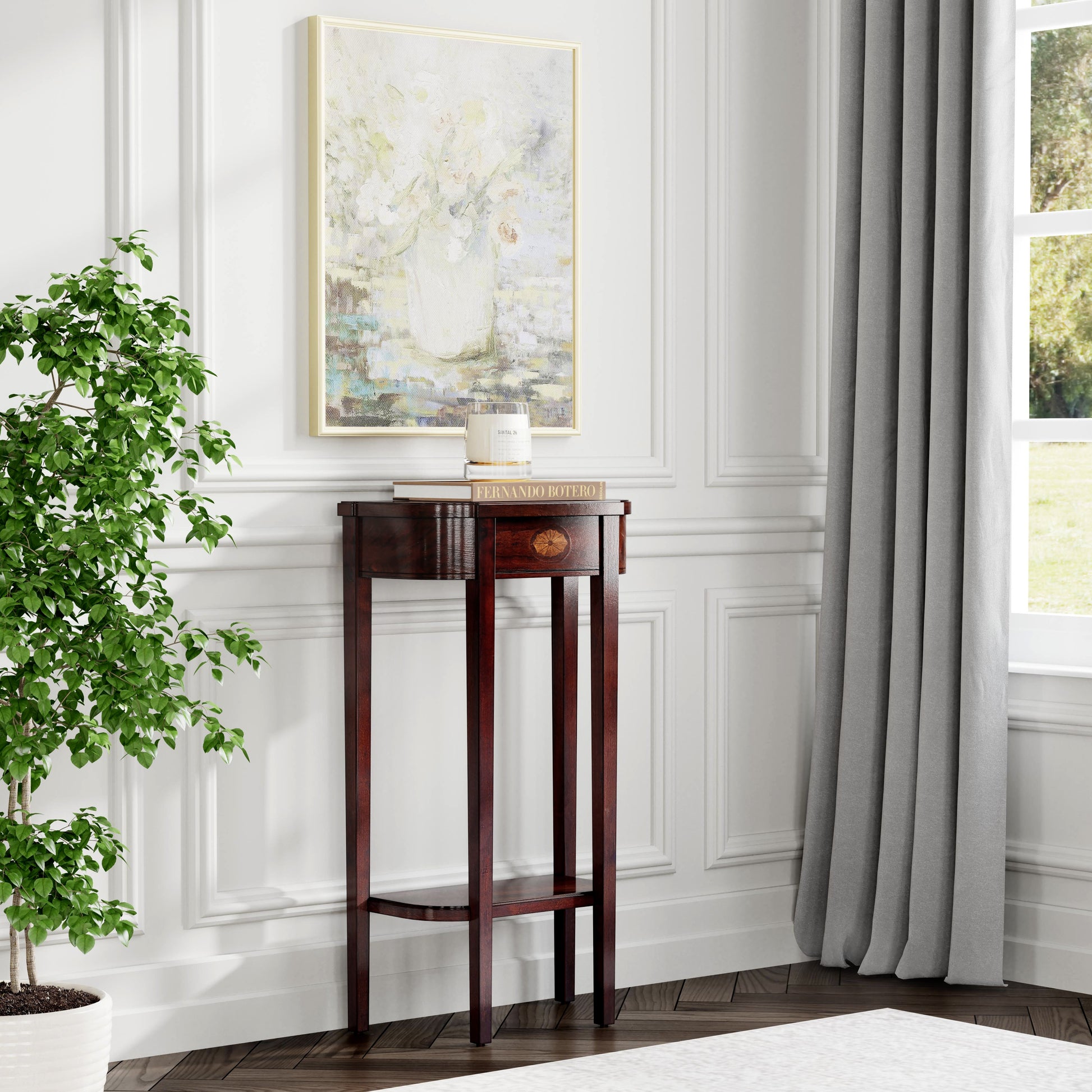 Butler Specialty Company Wendell 17.5 in. W Demilune Wood Console Table with Lower Open Shelf, Dark Brown