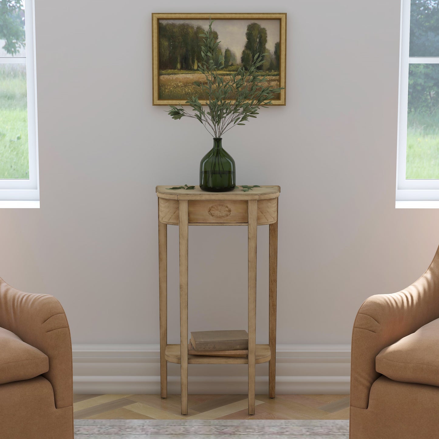 Butler Specialty Company Wendell 17.5 in. W Demilune Wood Console Table with Lower Open Shelf, Beige