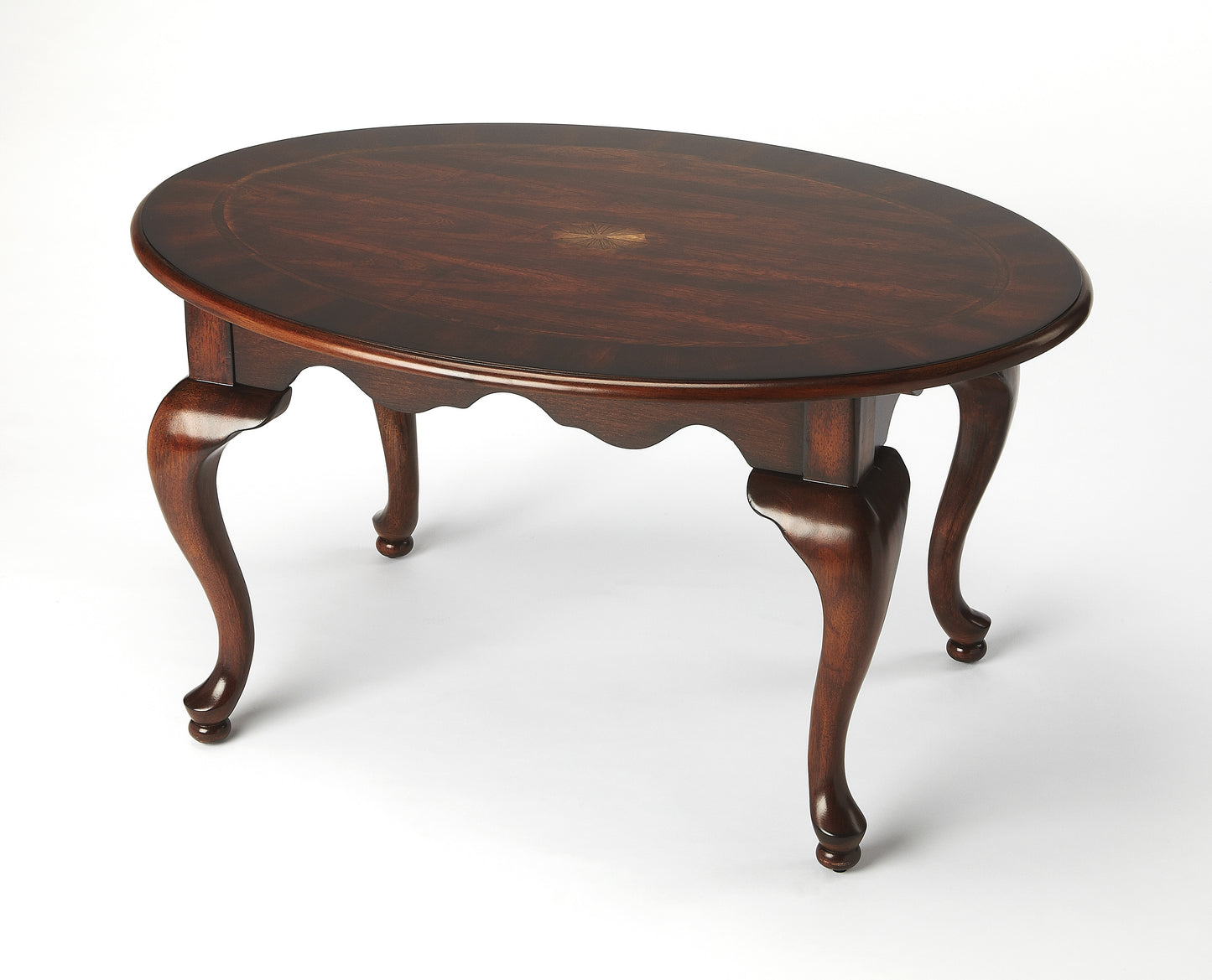 Butler Specialty Company Grace 38 in. W Oval Wood Traditional Queen Anne Coffee Table, Dark Brown