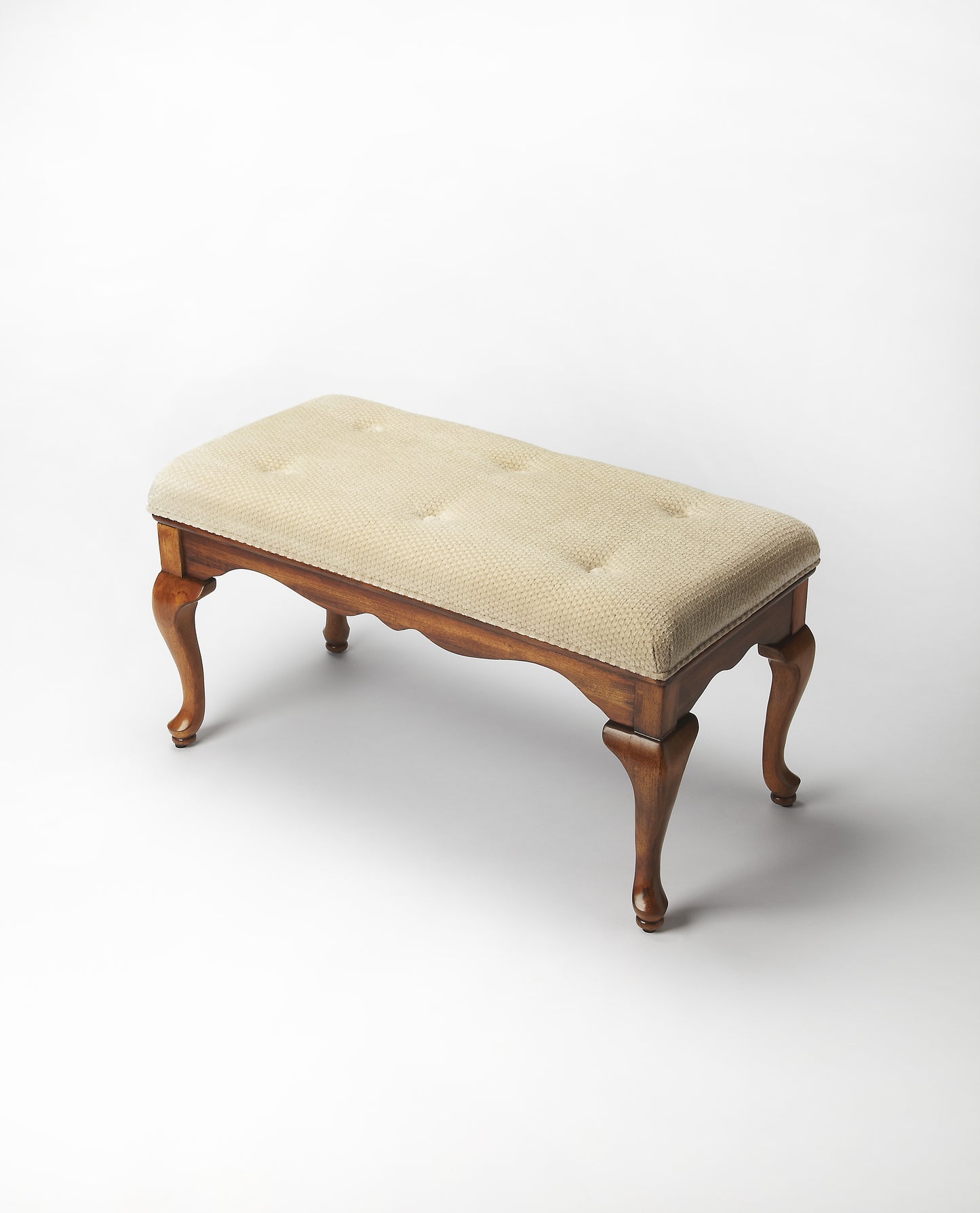 Butler Specialty Company Grace 38 in. W Rectangular Upholstered and Wooden Traditional Queen Anne Accent Bench, Medium Brown