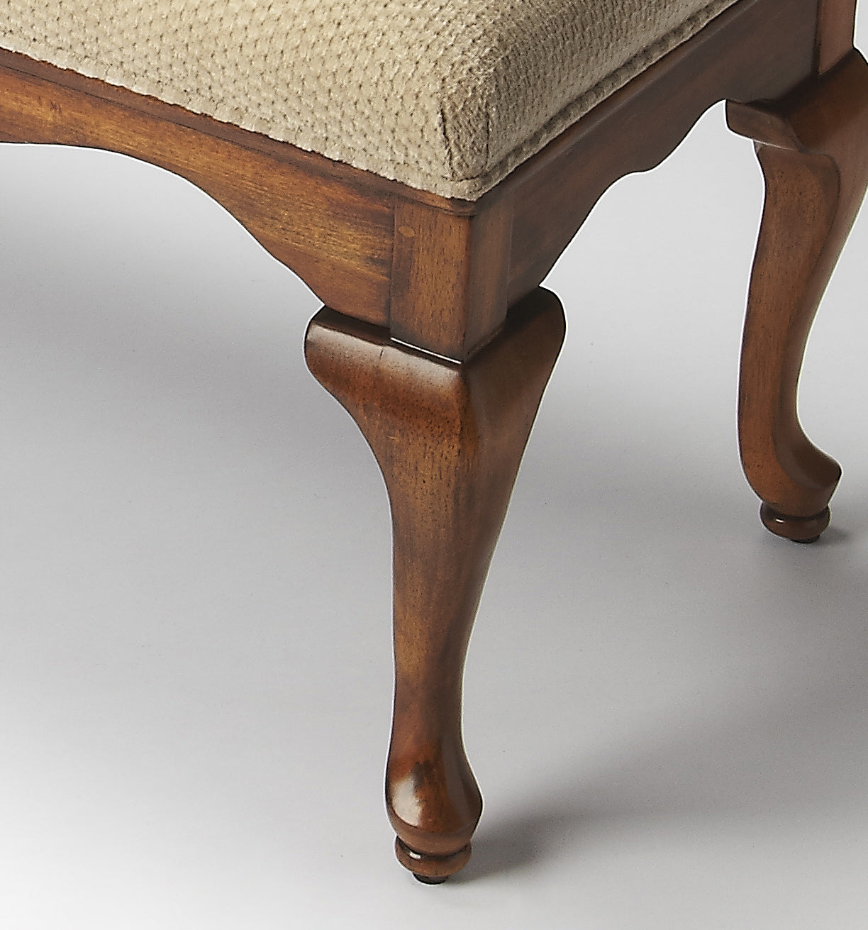 Butler Specialty Company Grace 38 in. W Rectangular Upholstered and Wooden Traditional Queen Anne Accent Bench, Medium Brown