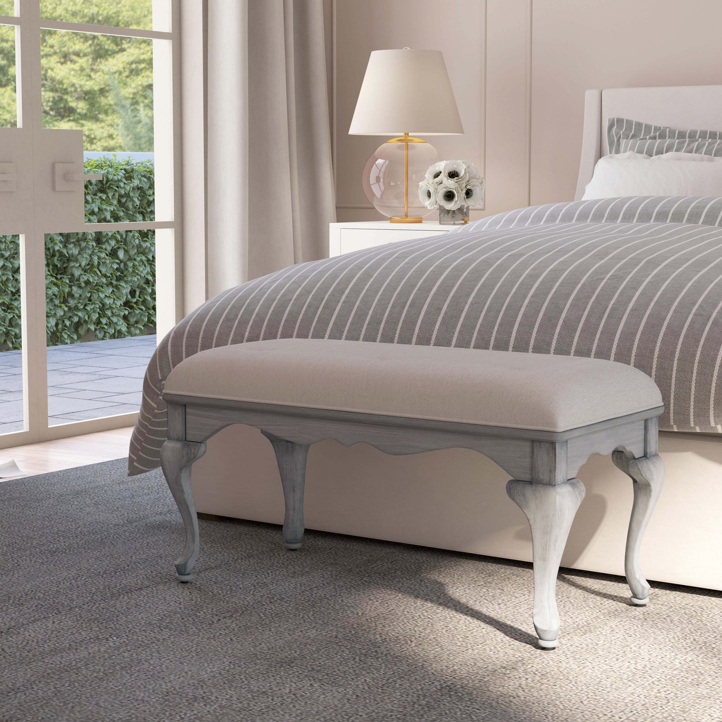 Butler Specialty Company Grace 38 in. W Rectangular Upholstered and Wooden Traditional Queen Anne Accent Bench, Gray