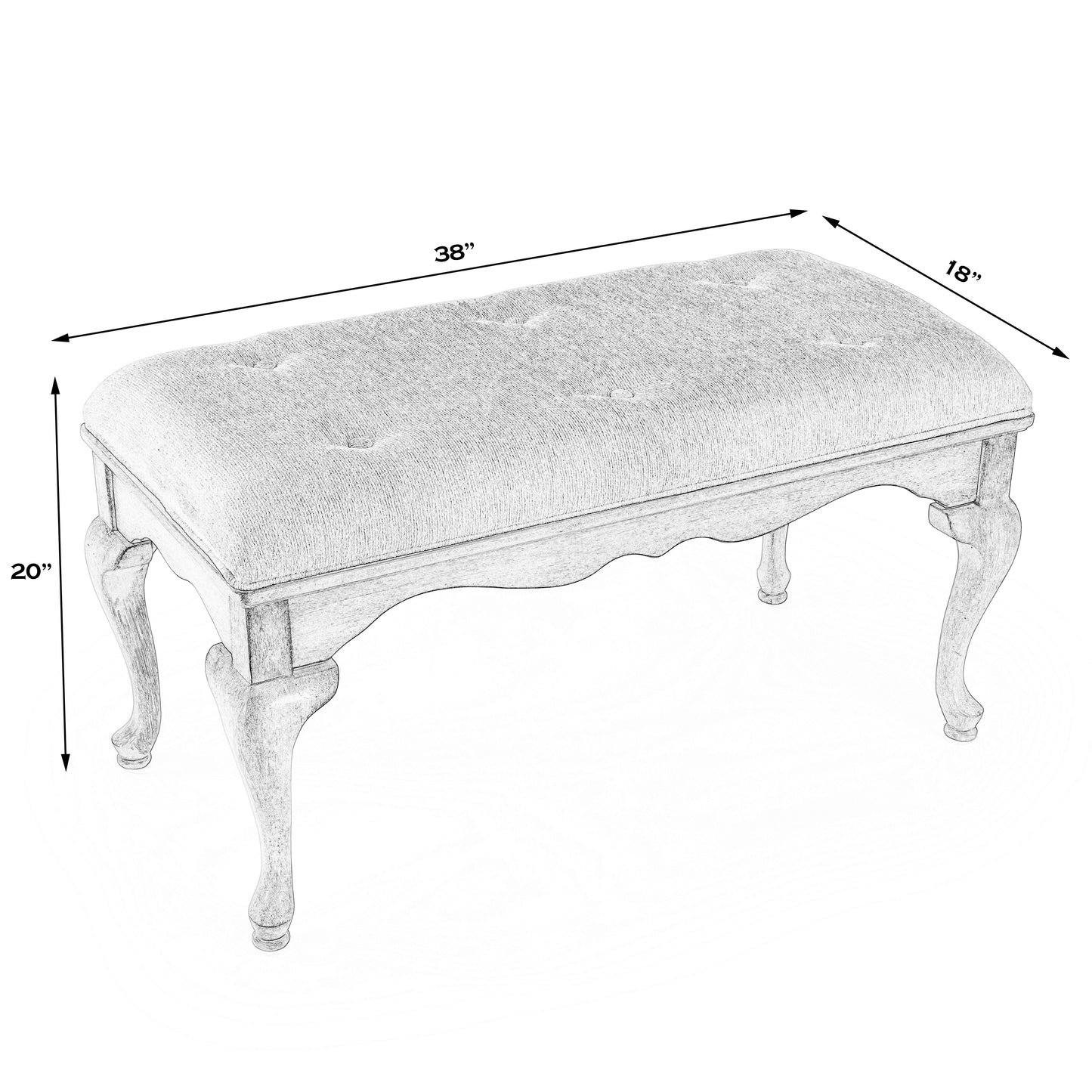 Butler Specialty Company Grace 38 in. W Rectangular Upholstered and Wooden Traditional Queen Anne Accent Bench, Gray