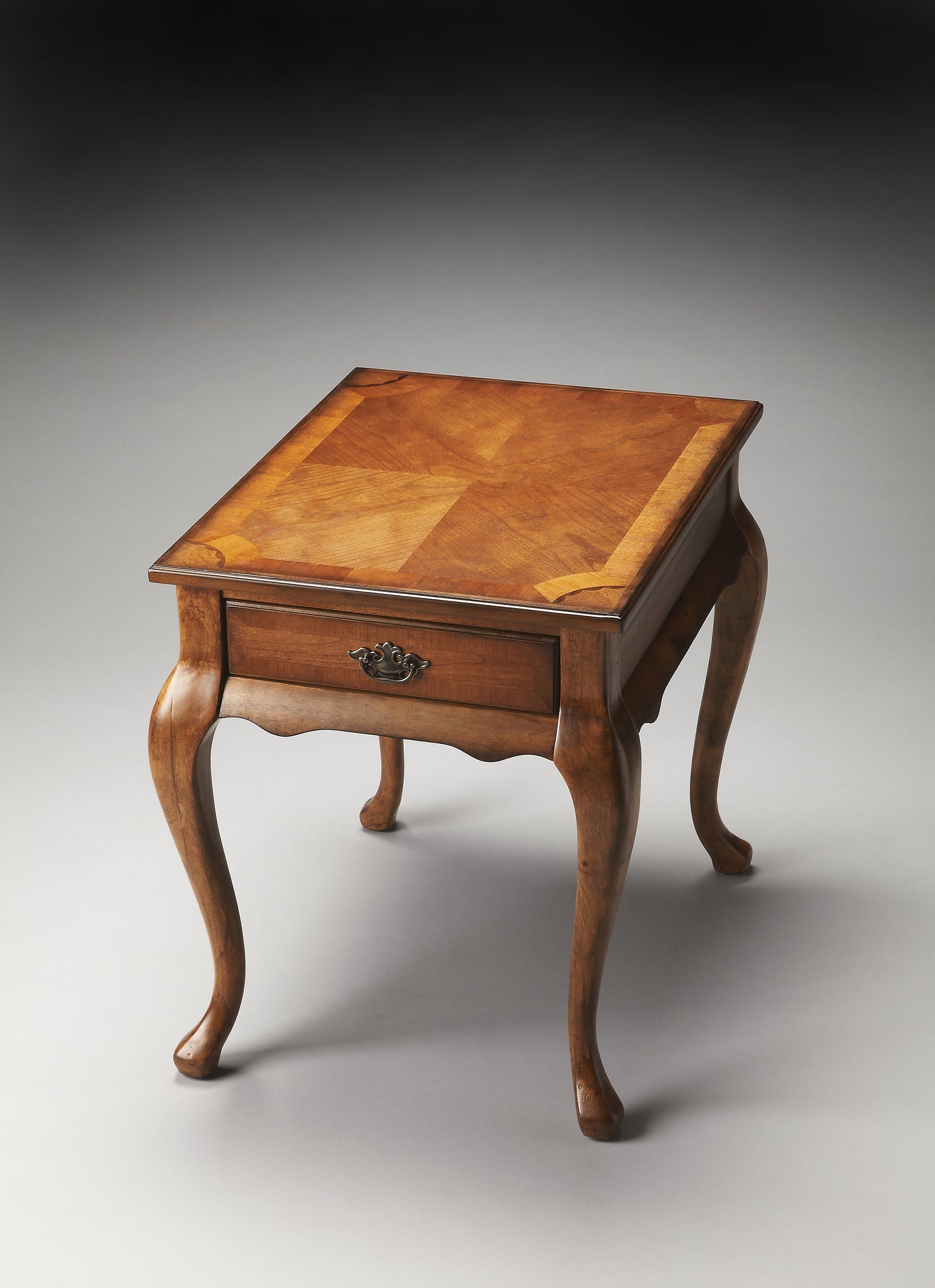 Butler Specialty Company Grace 21 in. W Rectangular Wood Traditional Queen Anne 1 Drawer End Table with Curved Cabriole Legs, Medium Brown