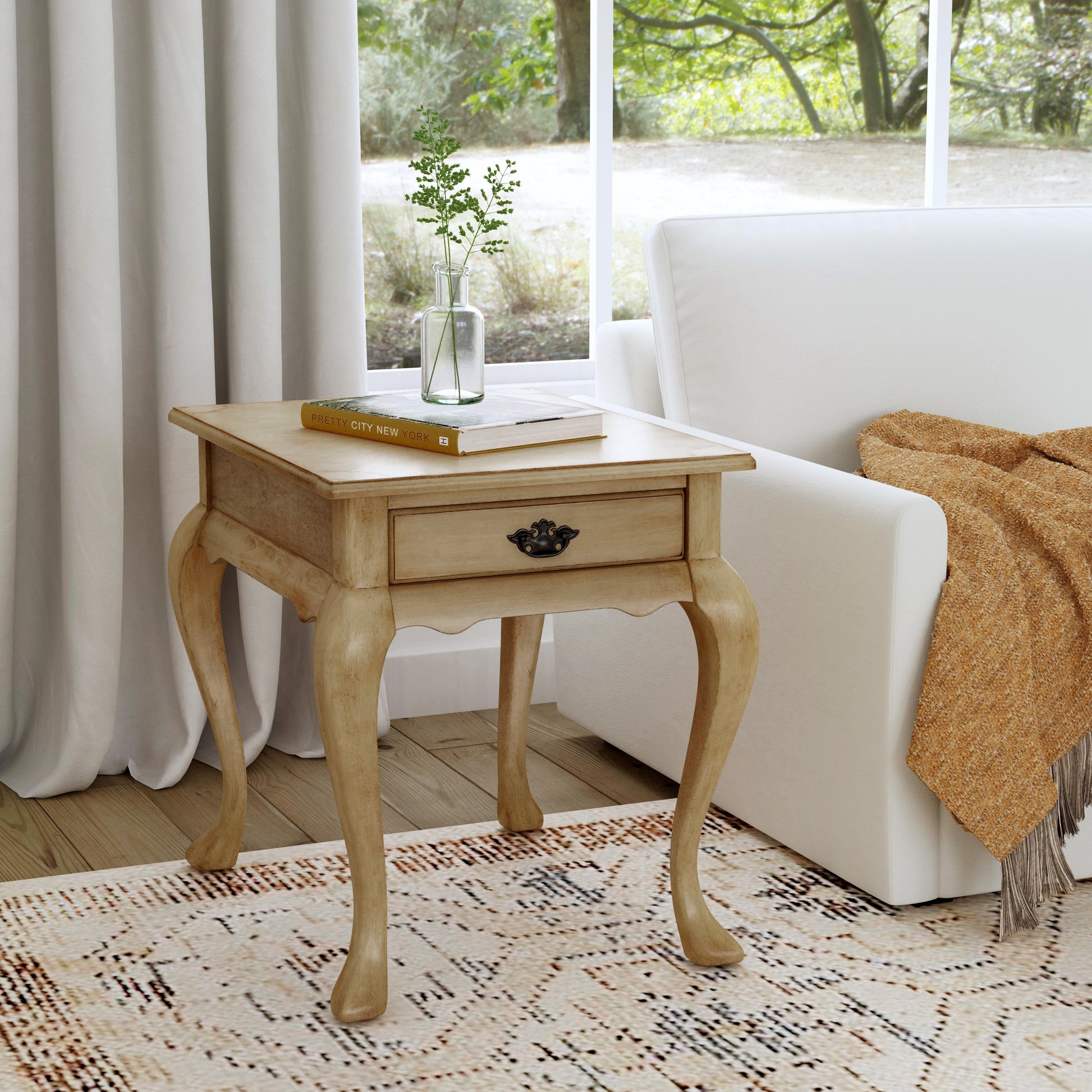 Butler Specialty Company Grace 21 in. W Rectangular Wood Traditional Queen Anne 1 Drawer End Table with Curved Cabriole Legs, Beige