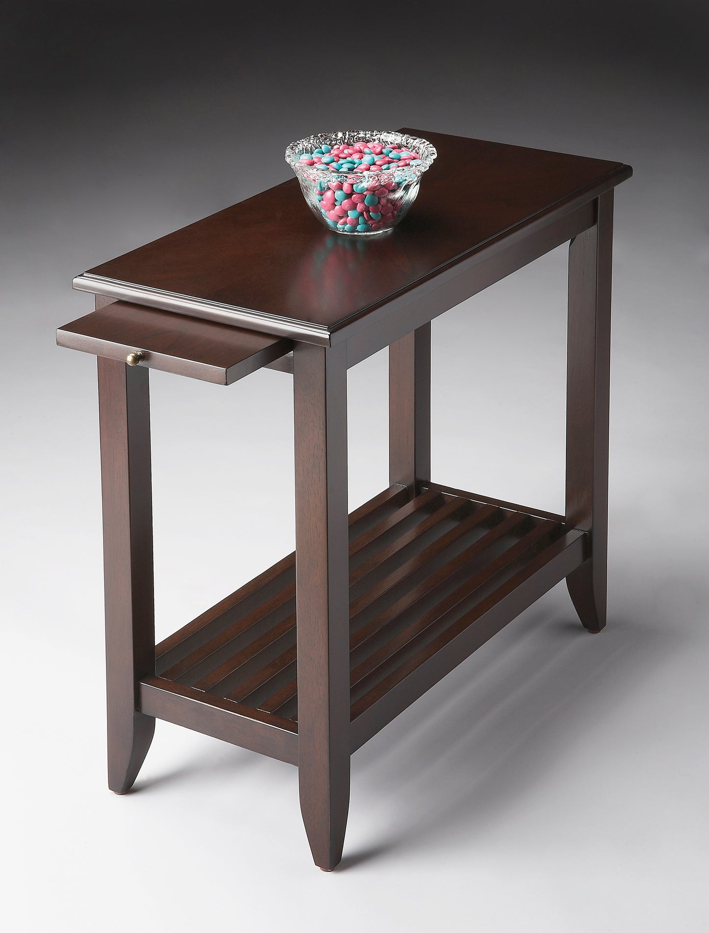 Butler Specialty Company Irvine 12 in. W Rectangular Wood Side Table with Pull-Out Tray and Lower Open Shelf, Dark Brown
