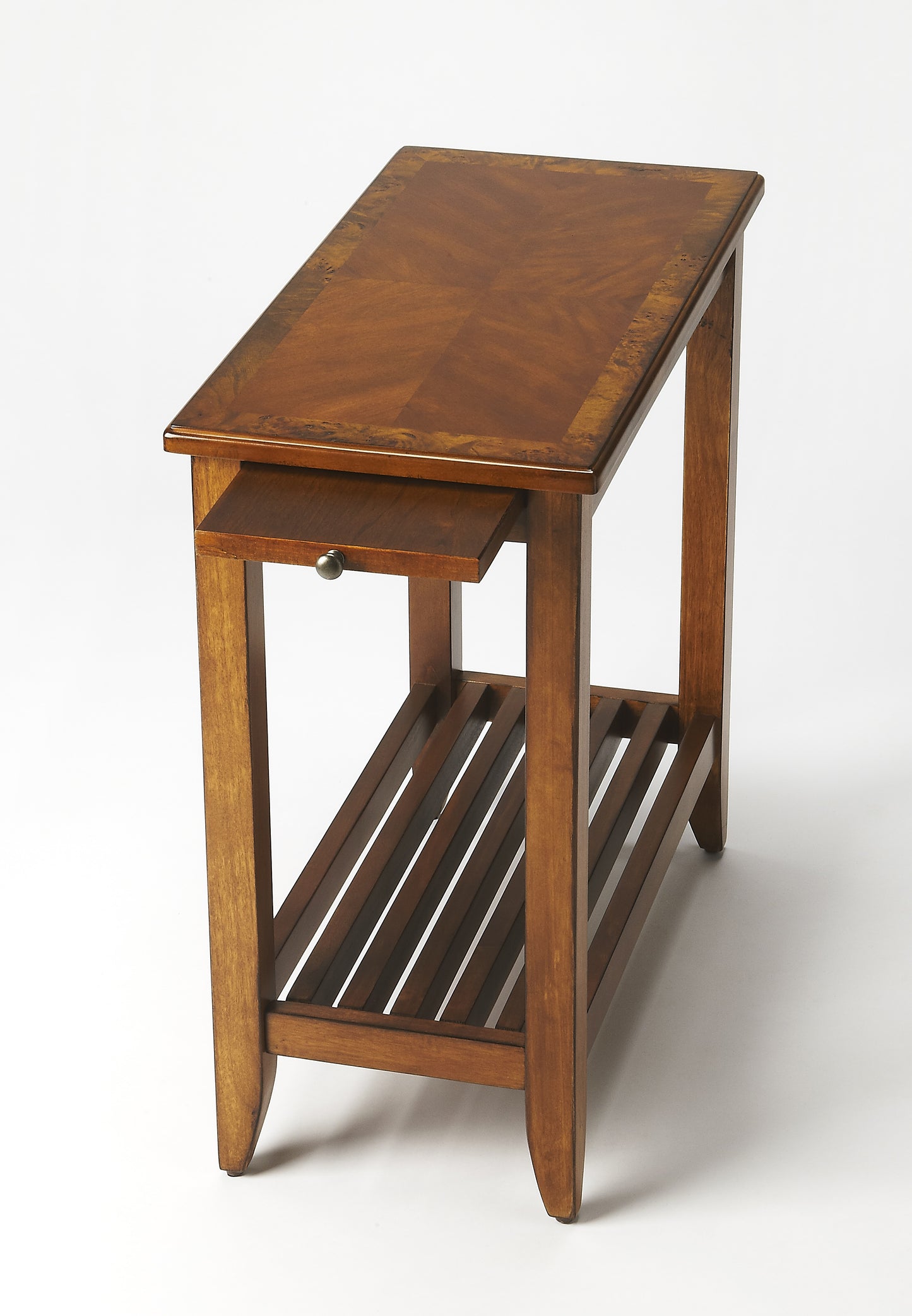 Butler Specialty Company Irvine 12 in. W Rectangular Wood Side Table with Pull-Out Tray and Lower Open Shelf, Medium Brown