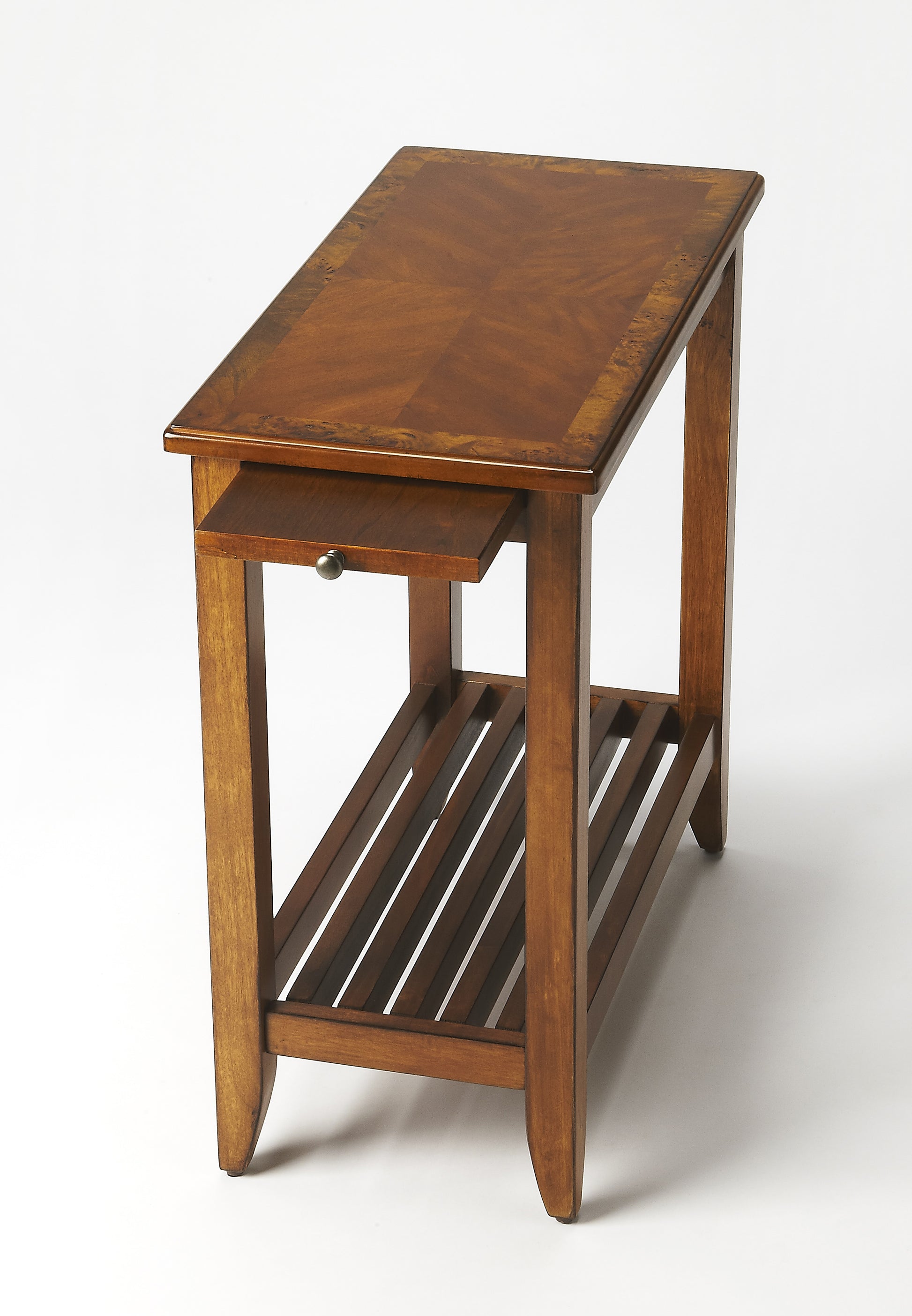 Butler Specialty Company Irvine 12 in. W Rectangular Wood Side Table with Pull-Out Tray and Lower Open Shelf, Medium Brown