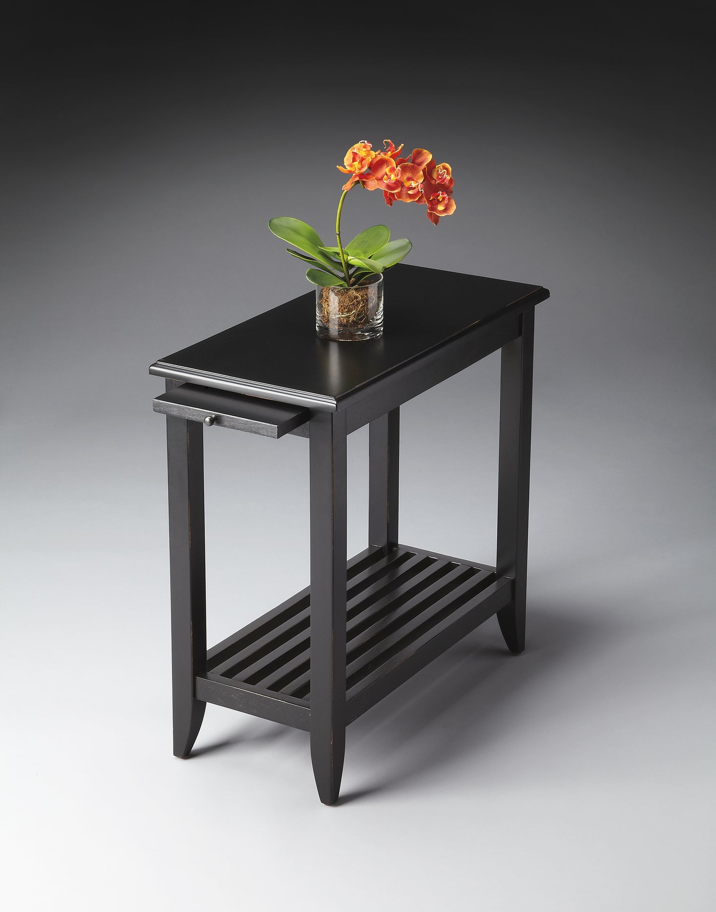 Butler Specialty Company Irvine 12 in. W Rectangular Wood Side Table with Pull-Out Tray and Lower Open Shelf, Black