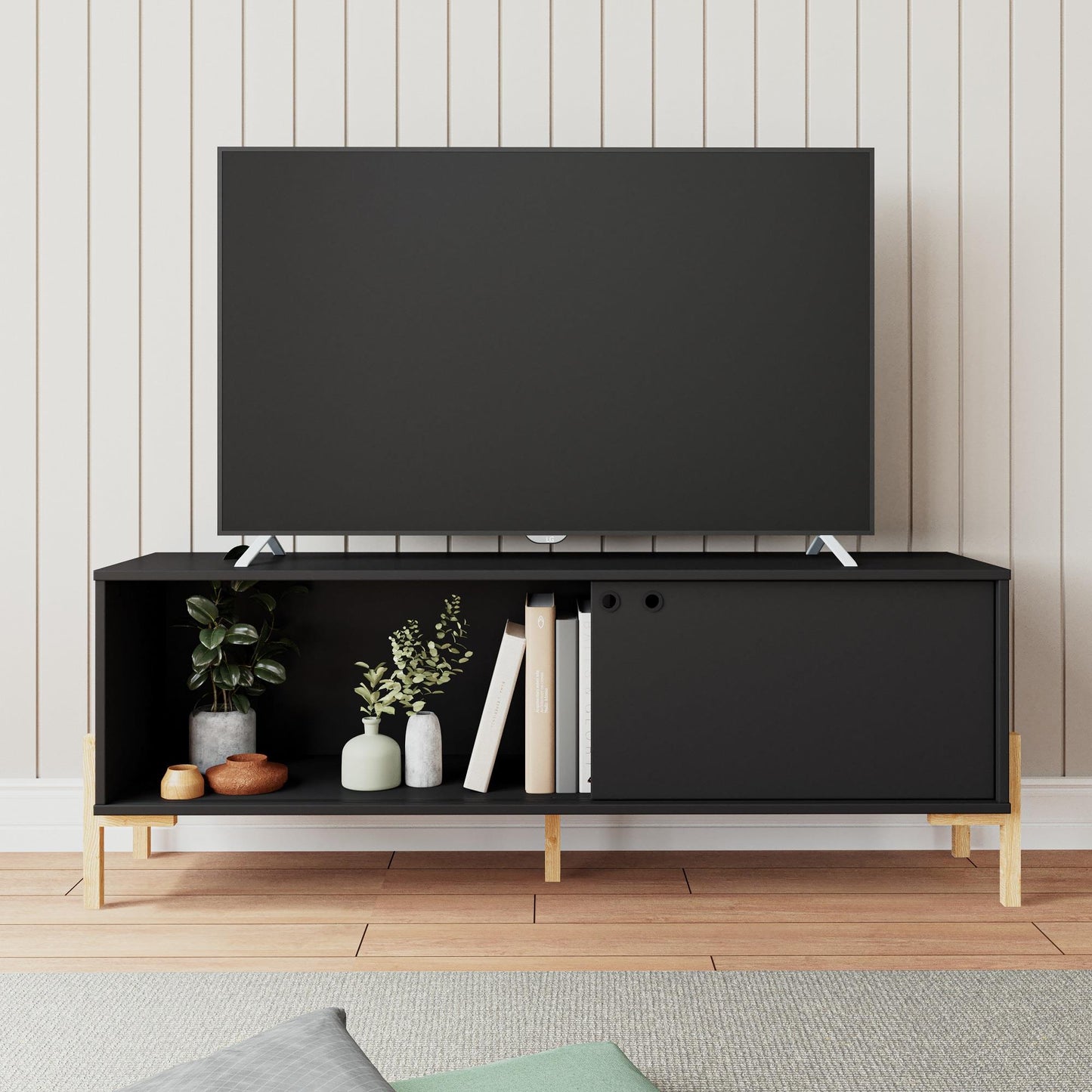 Manhattan Comfort Bowery 55.12 TV Stand with 2 Shelves in Black and Oak