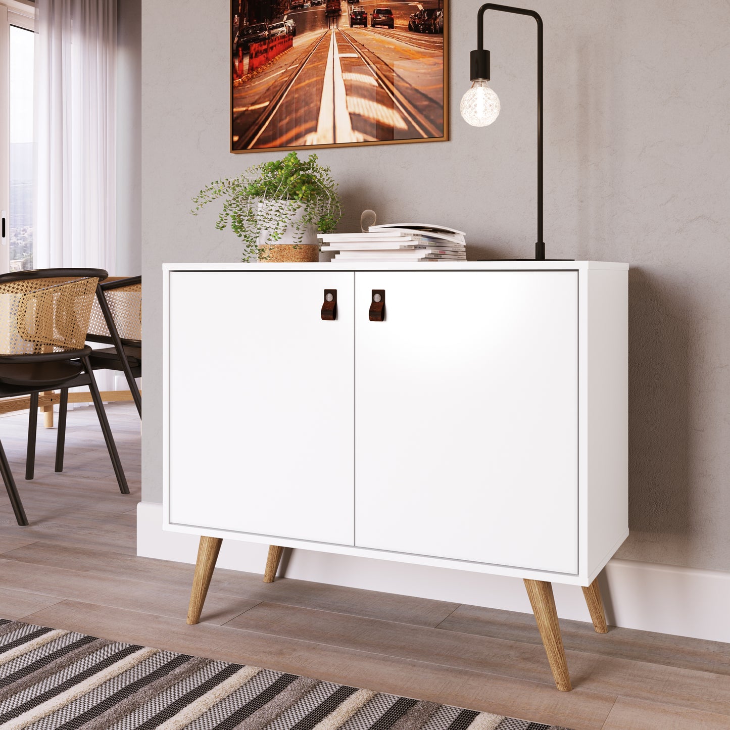 Manhattan Comfort Amber Accent Cabinet with Faux Leather Handles in White 307GFX1