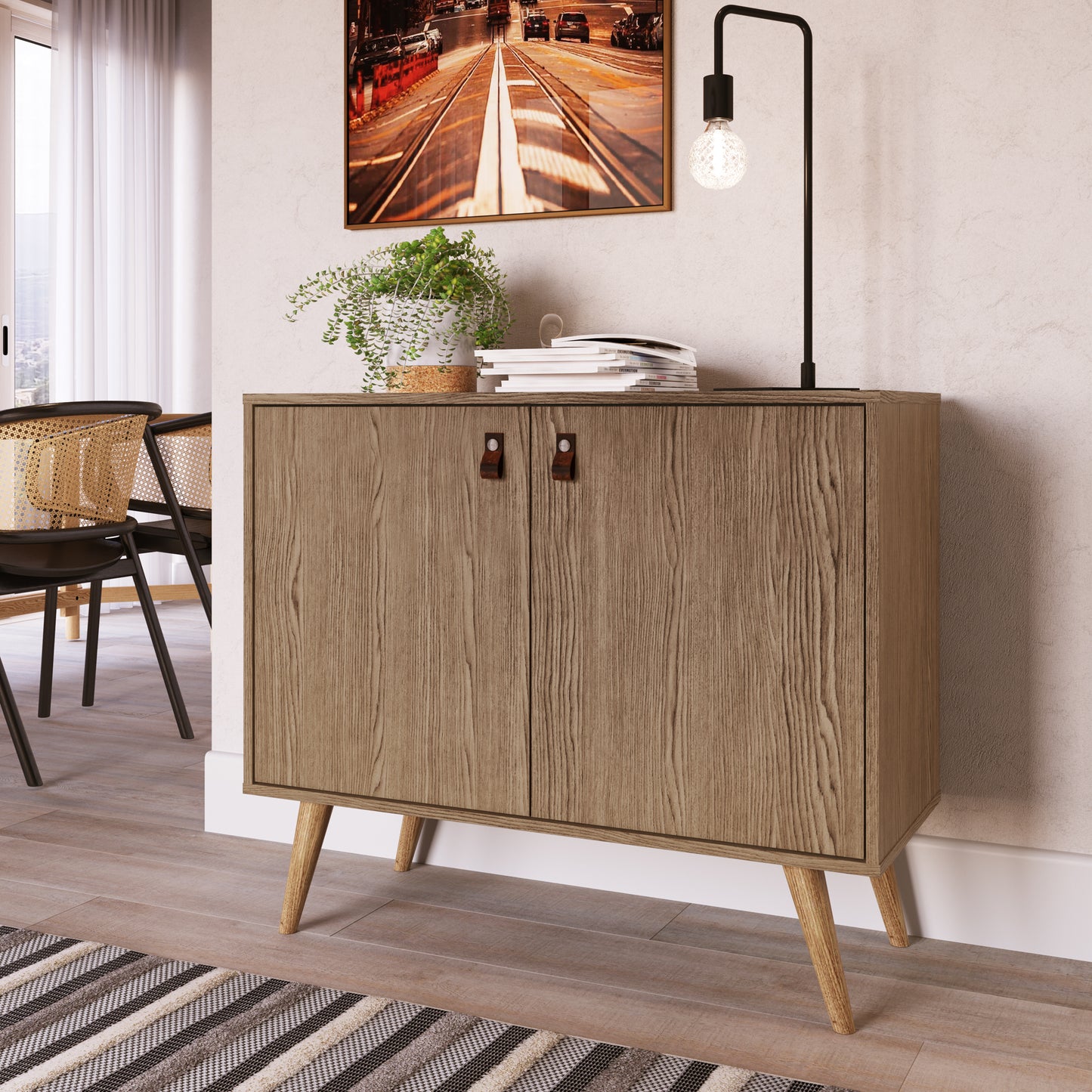 Manhattan Comfort Amber Accent Cabinet with Faux Leather Handles in Nature 307GFX4