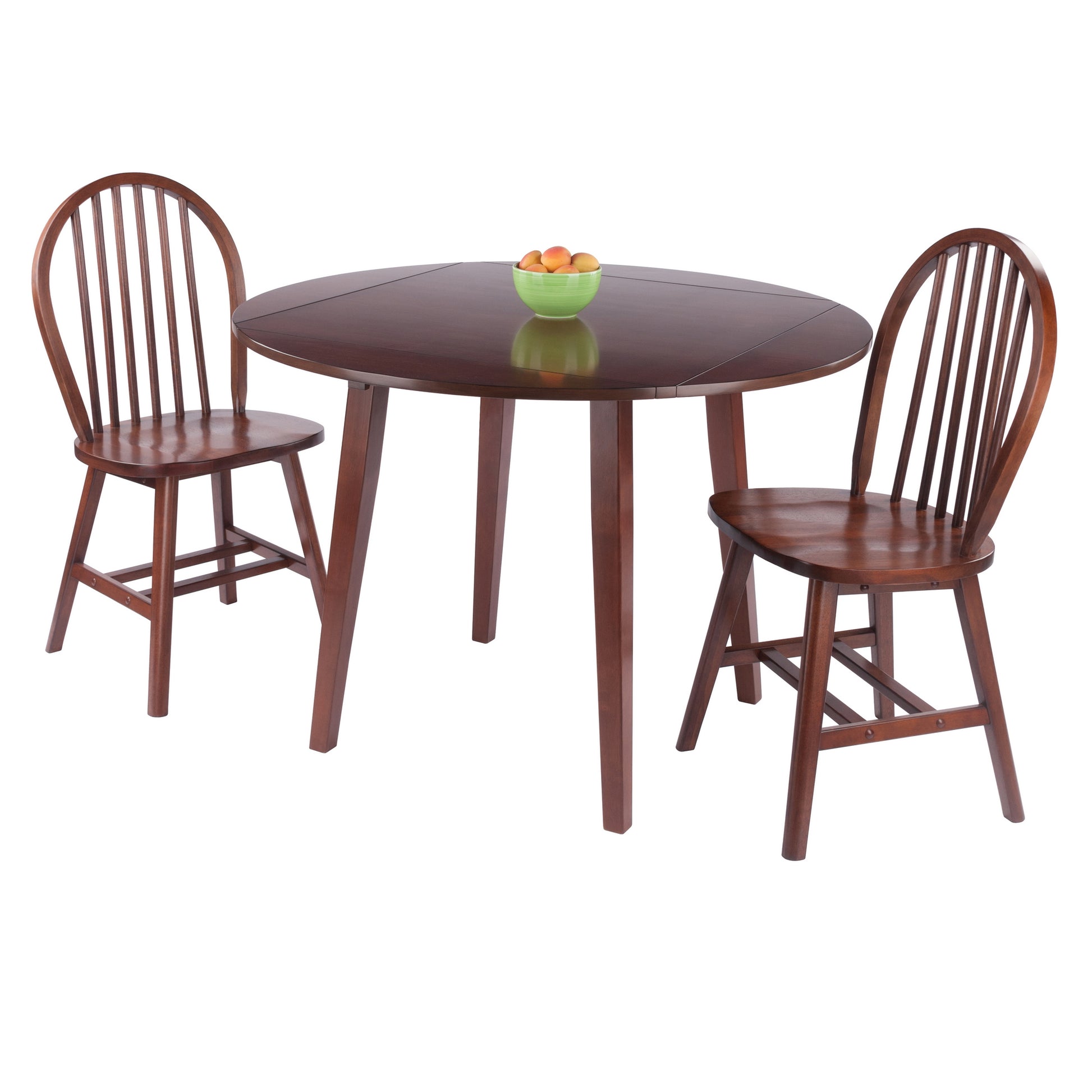 Dawson Extendable Round Dining Table with 2 Windsor Chairs, 43" Wide, Walnut