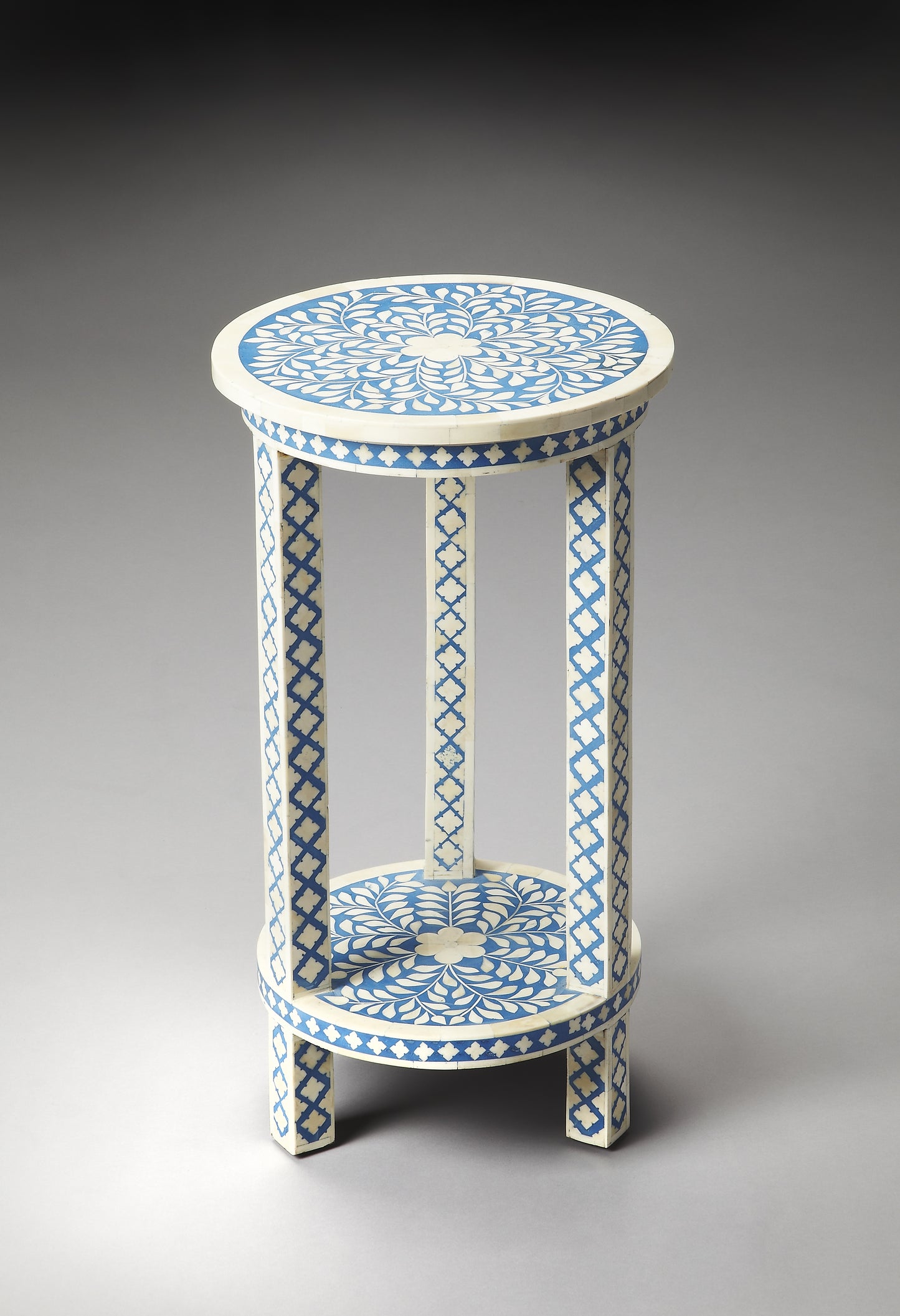Butler Specialty Company Vivienne 12.75 in. W Round Bone Inlay Side Table with Open Lower Shelf, Blue