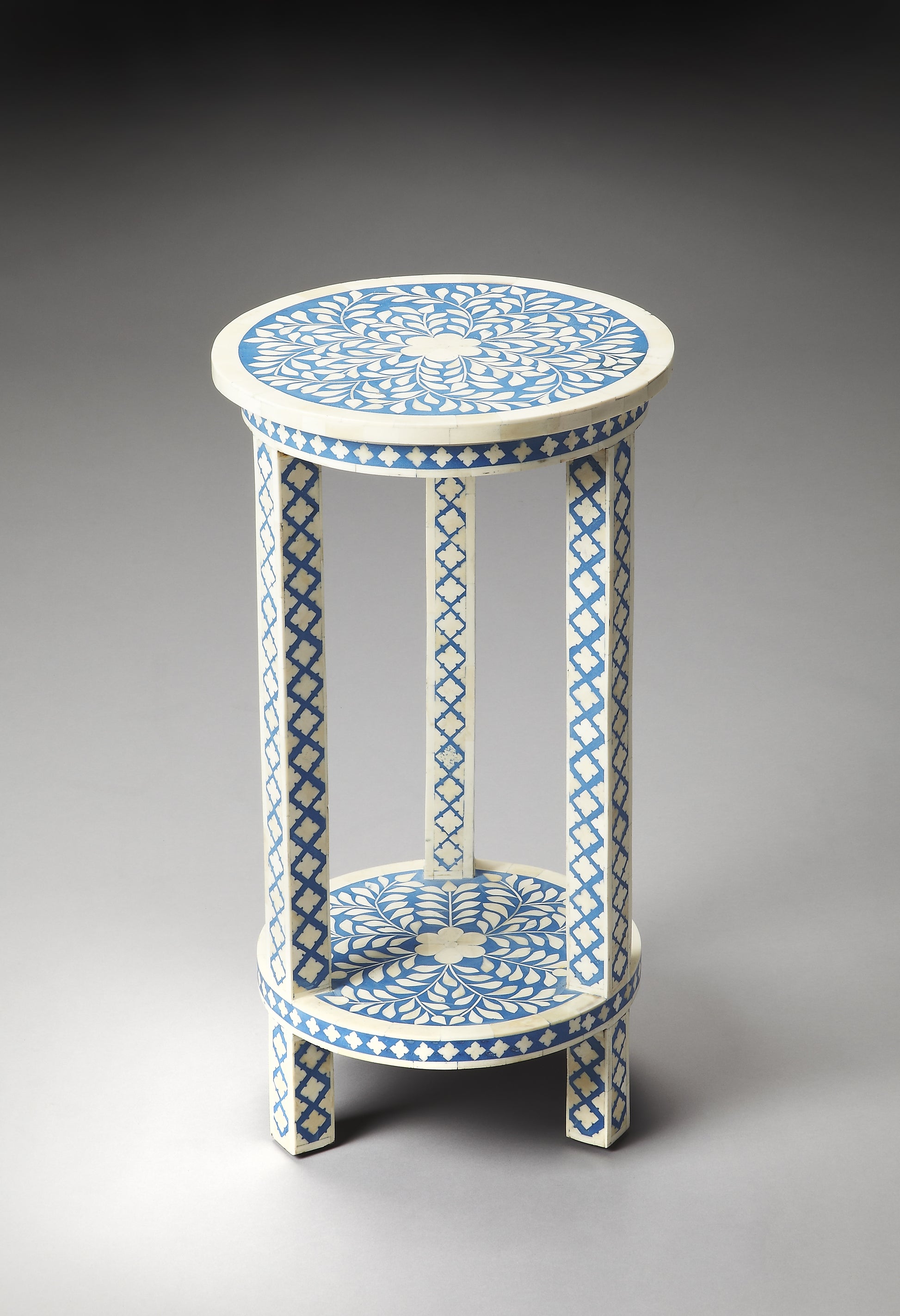 Butler Specialty Company Vivienne 12.75 in. W Round Bone Inlay Side Table with Open Lower Shelf, Blue