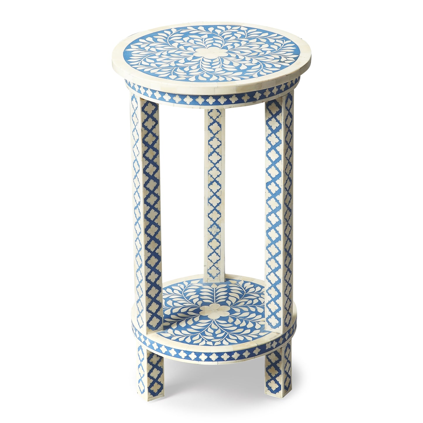 Butler Specialty Company Vivienne 12.75 in. W Round Bone Inlay Side Table with Open Lower Shelf, Blue