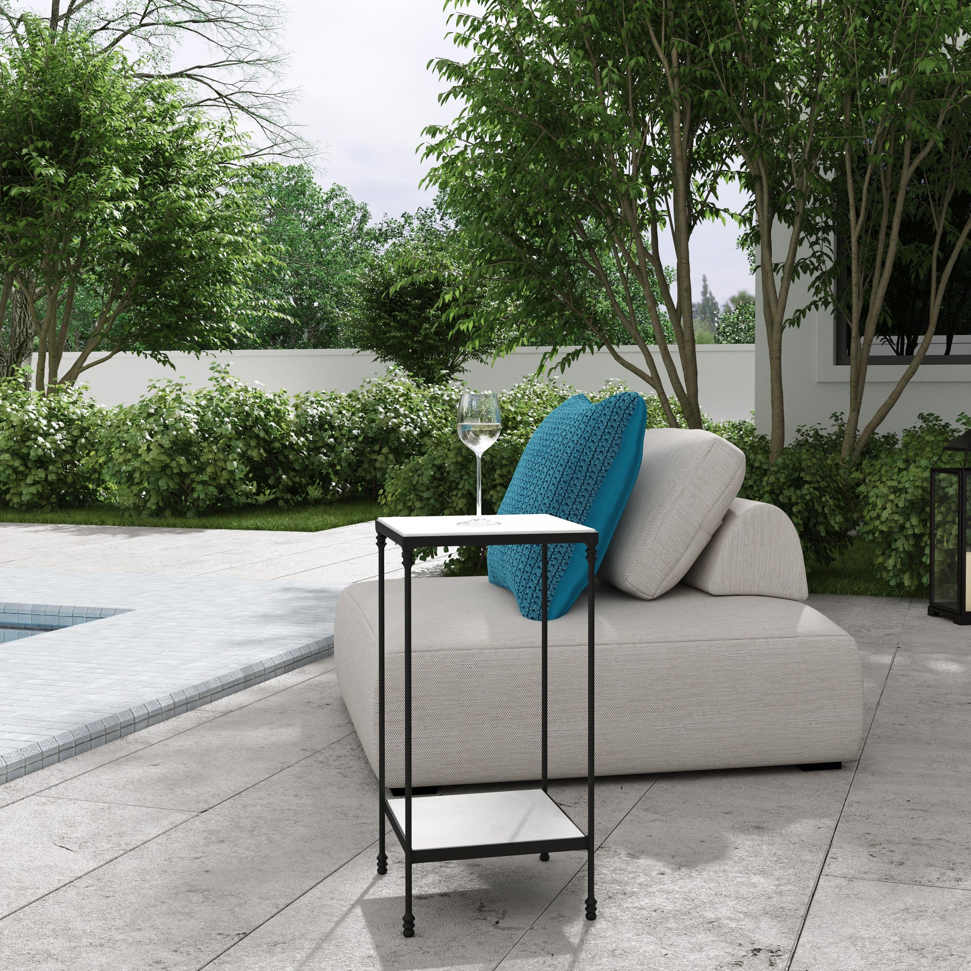 Butler Specialty Company Larkin 12 in. W Square Outdoor Marble and Iron Side Table with Lower Open Shelf, Black