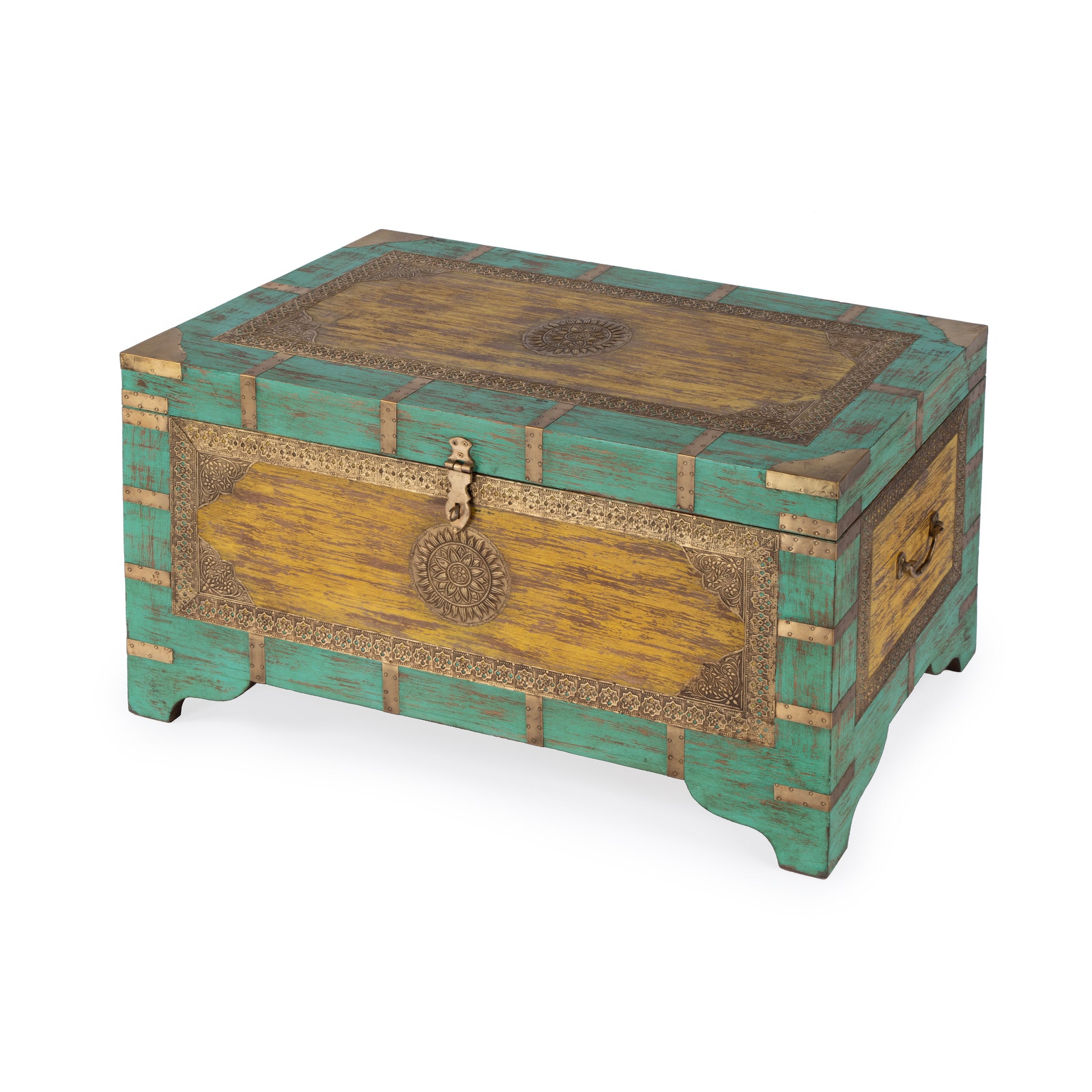Butler Specialty Company Nador 32 in. W Rectangular Hand-Painted Brass Inlay Storage Trunk Coffee Table, Blue, Yellow