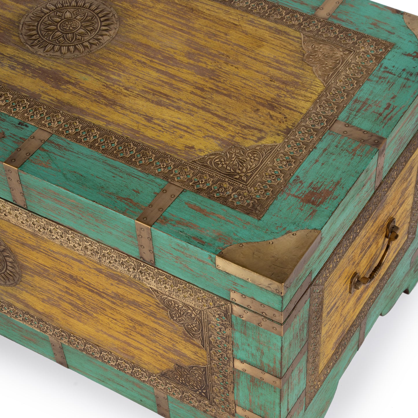 Butler Specialty Company Nador 32 in. W Rectangular Hand-Painted Brass Inlay Storage Trunk Coffee Table, Blue, Yellow