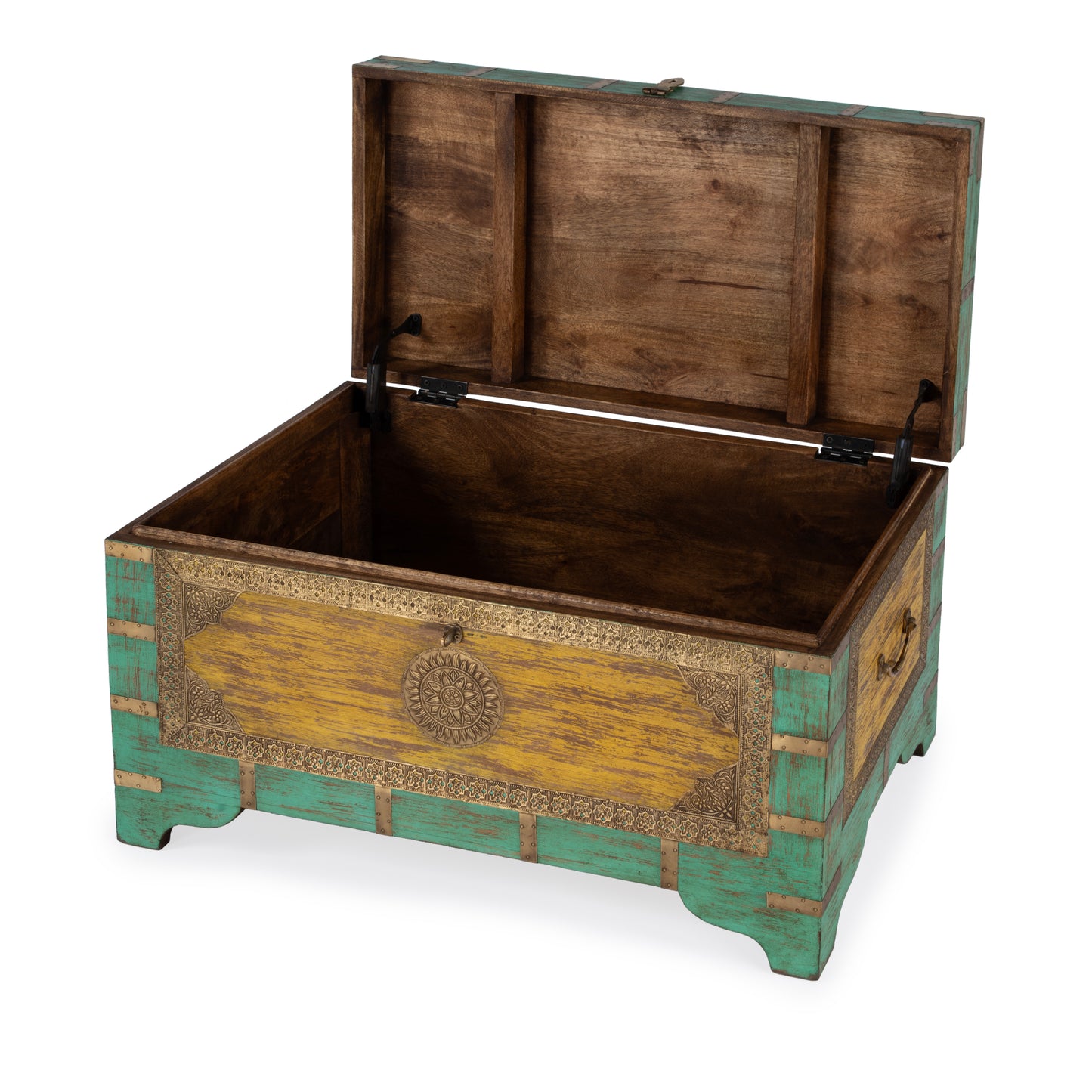 Butler Specialty Company Nador 32 in. W Rectangular Hand-Painted Brass Inlay Storage Trunk Coffee Table, Blue, Yellow