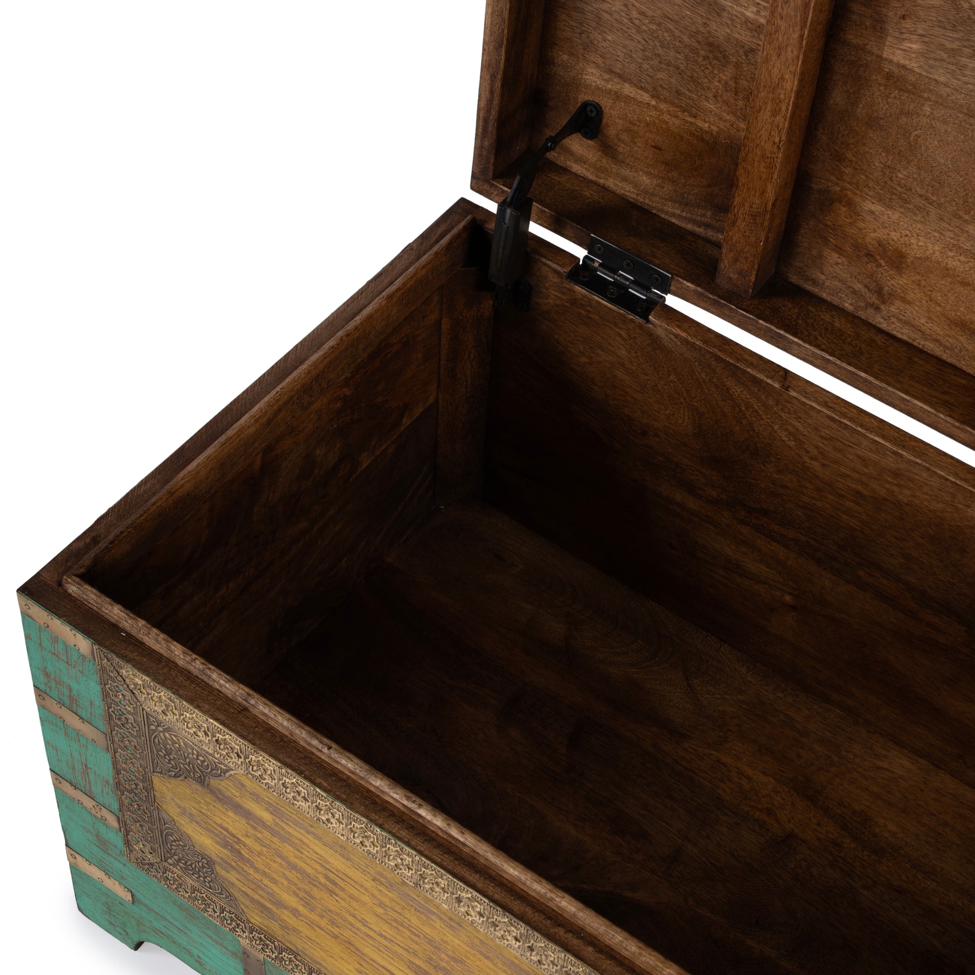 Butler Specialty Company Nador 32 in. W Rectangular Hand-Painted Brass Inlay Storage Trunk Coffee Table, Blue, Yellow