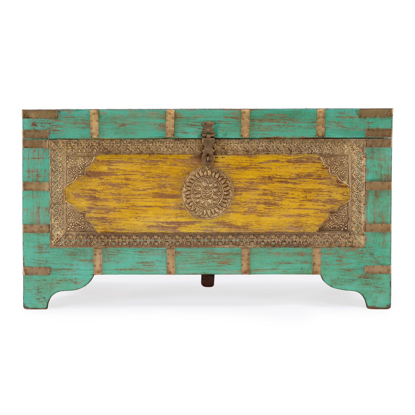 Butler Specialty Company Nador 32 in. W Rectangular Hand-Painted Brass Inlay Storage Trunk Coffee Table, Blue, Yellow