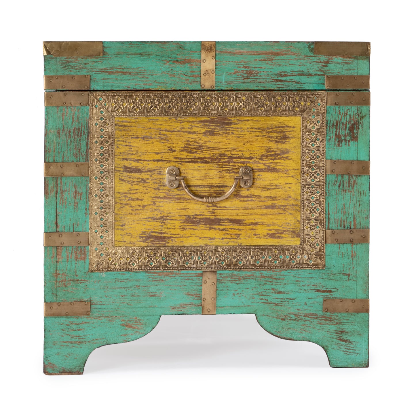 Butler Specialty Company Nador 32 in. W Rectangular Hand-Painted Brass Inlay Storage Trunk Coffee Table, Blue, Yellow