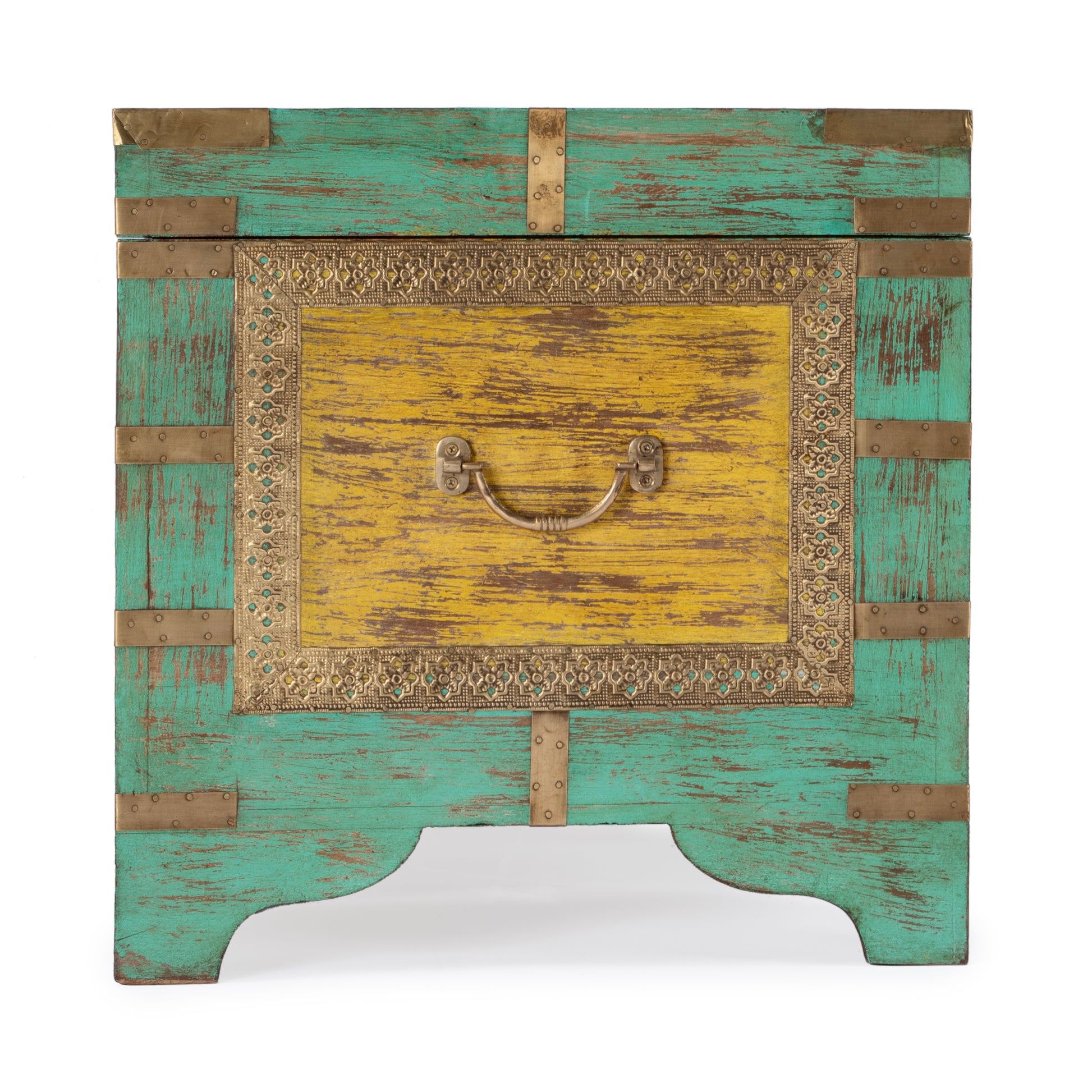 Butler Specialty Company Nador 32 in. W Rectangular Hand-Painted Brass Inlay Storage Trunk Coffee Table, Blue, Yellow