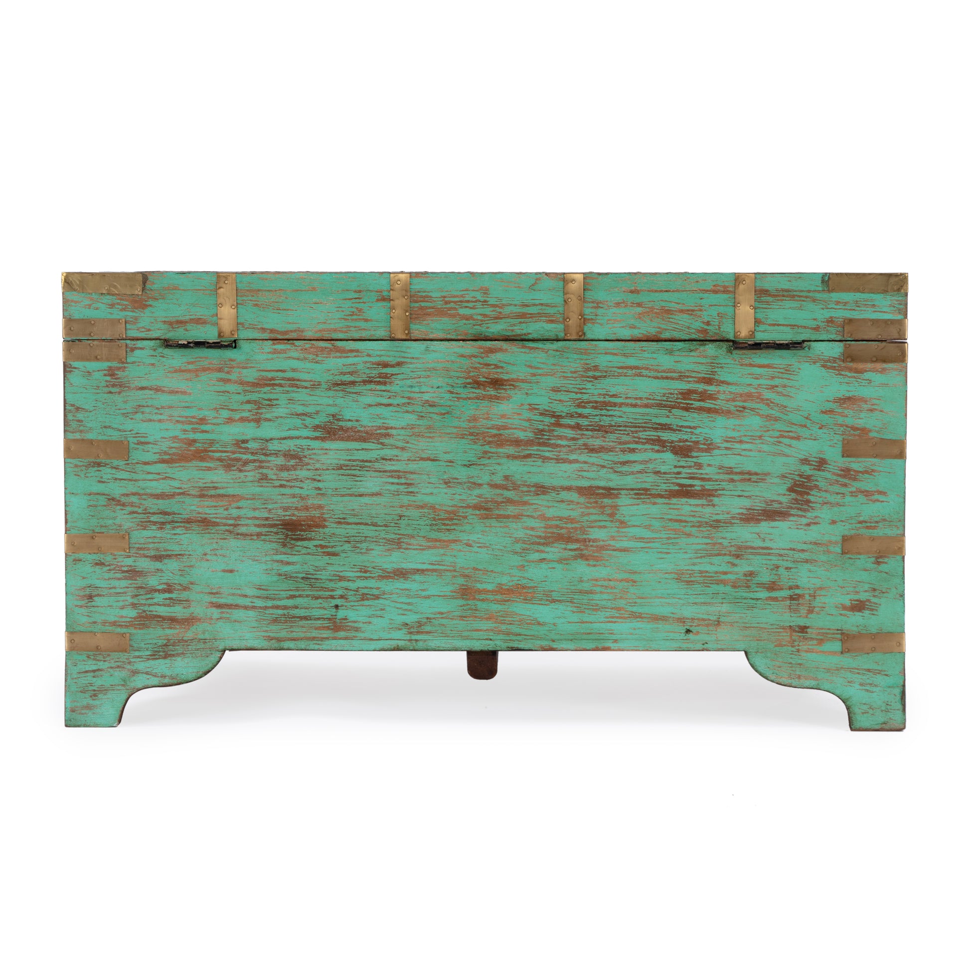 Butler Specialty Company Nador 32 in. W Rectangular Hand-Painted Brass Inlay Storage Trunk Coffee Table, Blue, Yellow