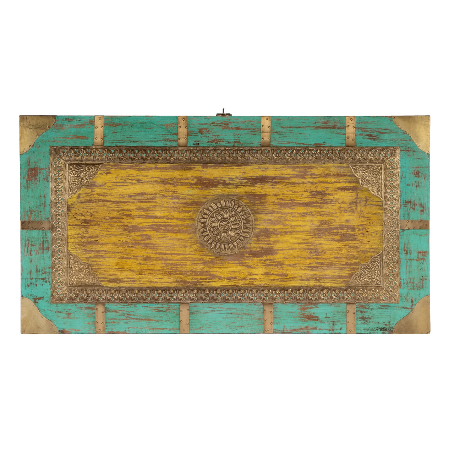 Butler Specialty Company Nador 32 in. W Rectangular Hand-Painted Brass Inlay Storage Trunk Coffee Table, Blue, Yellow