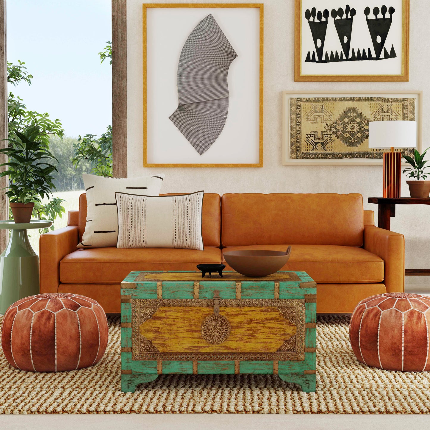 Butler Specialty Company Nador 32 in. W Rectangular Hand-Painted Brass Inlay Storage Trunk Coffee Table, Blue, Yellow
