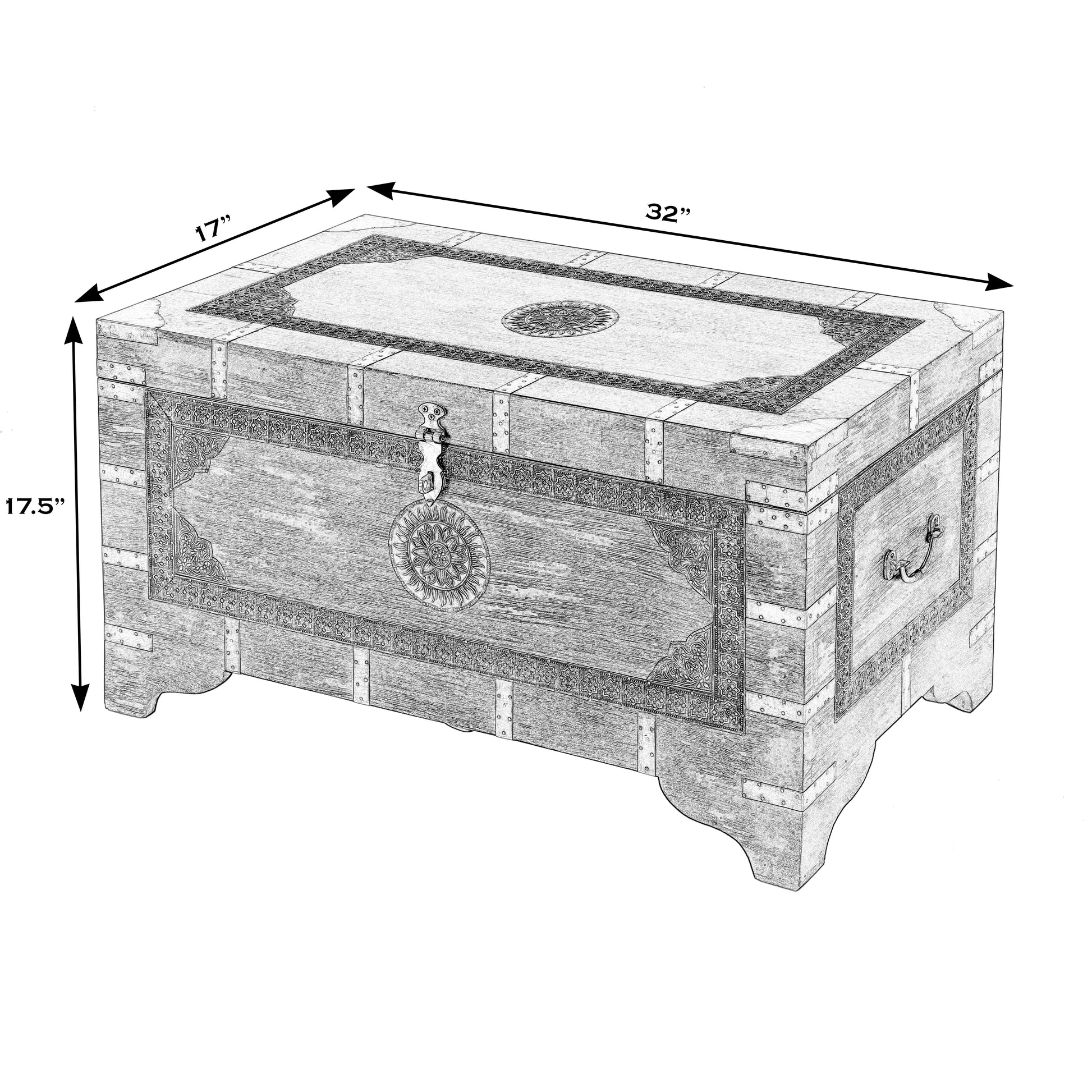 Butler Specialty Company Nador 32 in. W Rectangular Hand-Painted Brass Inlay Storage Trunk Coffee Table, Blue, Yellow