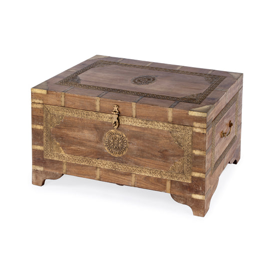Butler Specialty Company Nador 32 in. W Rectangular Hand-Painted Brass Inlay Storage Trunk Coffee Table, Light Brown