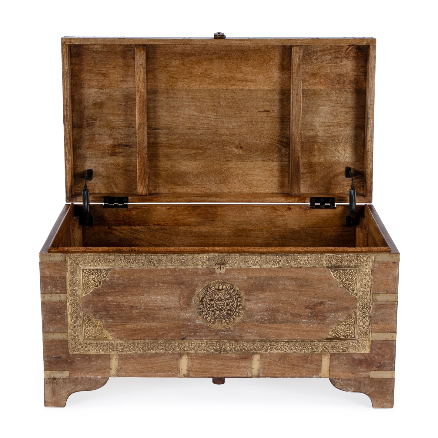 Butler Specialty Company Nador 32 in. W Rectangular Hand-Painted Brass Inlay Storage Trunk Coffee Table, Light Brown
