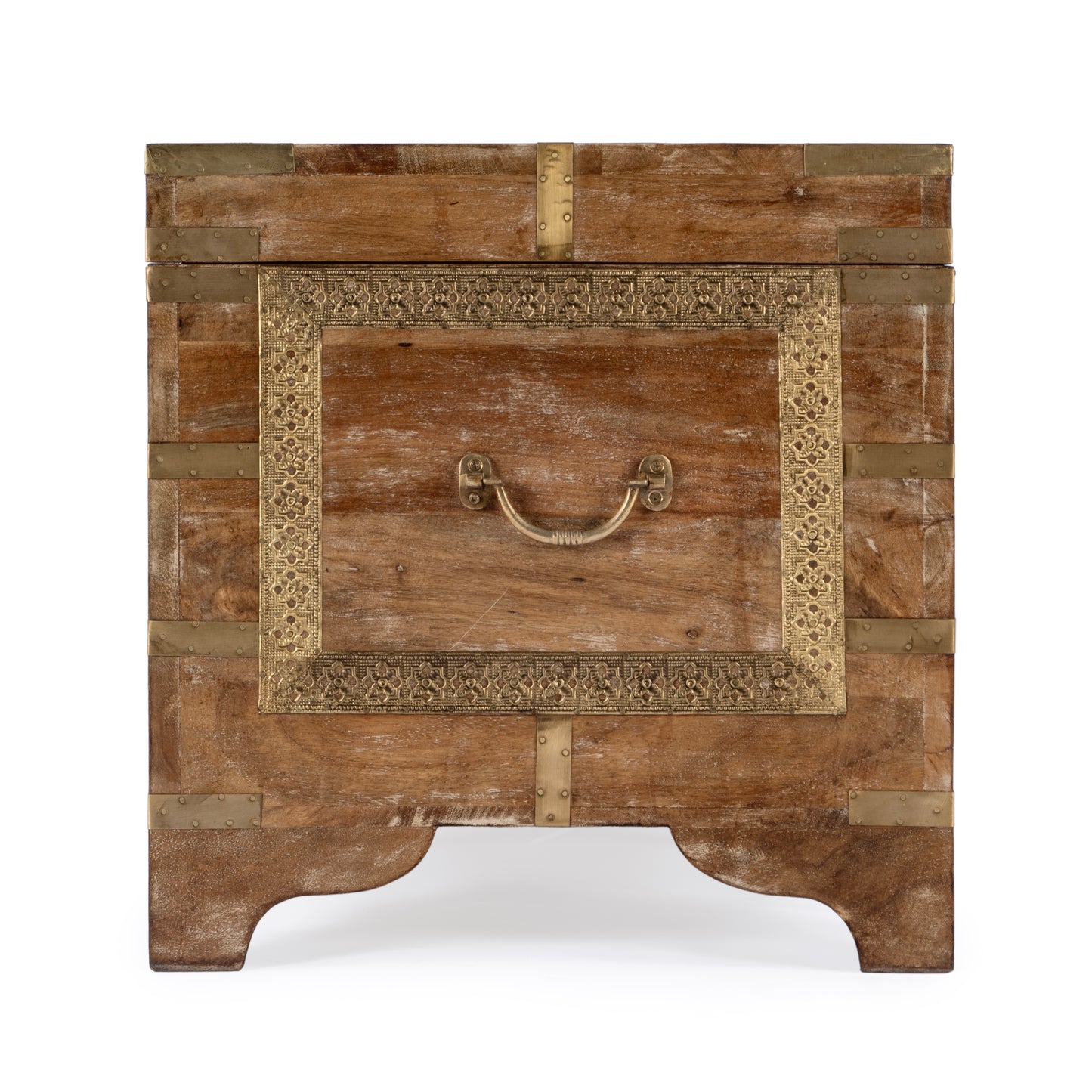 Butler Specialty Company Nador 32 in. W Rectangular Hand-Painted Brass Inlay Storage Trunk Coffee Table, Light Brown