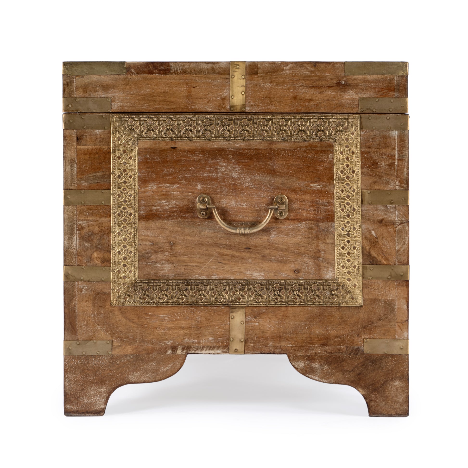 Butler Specialty Company Nador 32 in. W Rectangular Hand-Painted Brass Inlay Storage Trunk Coffee Table, Light Brown