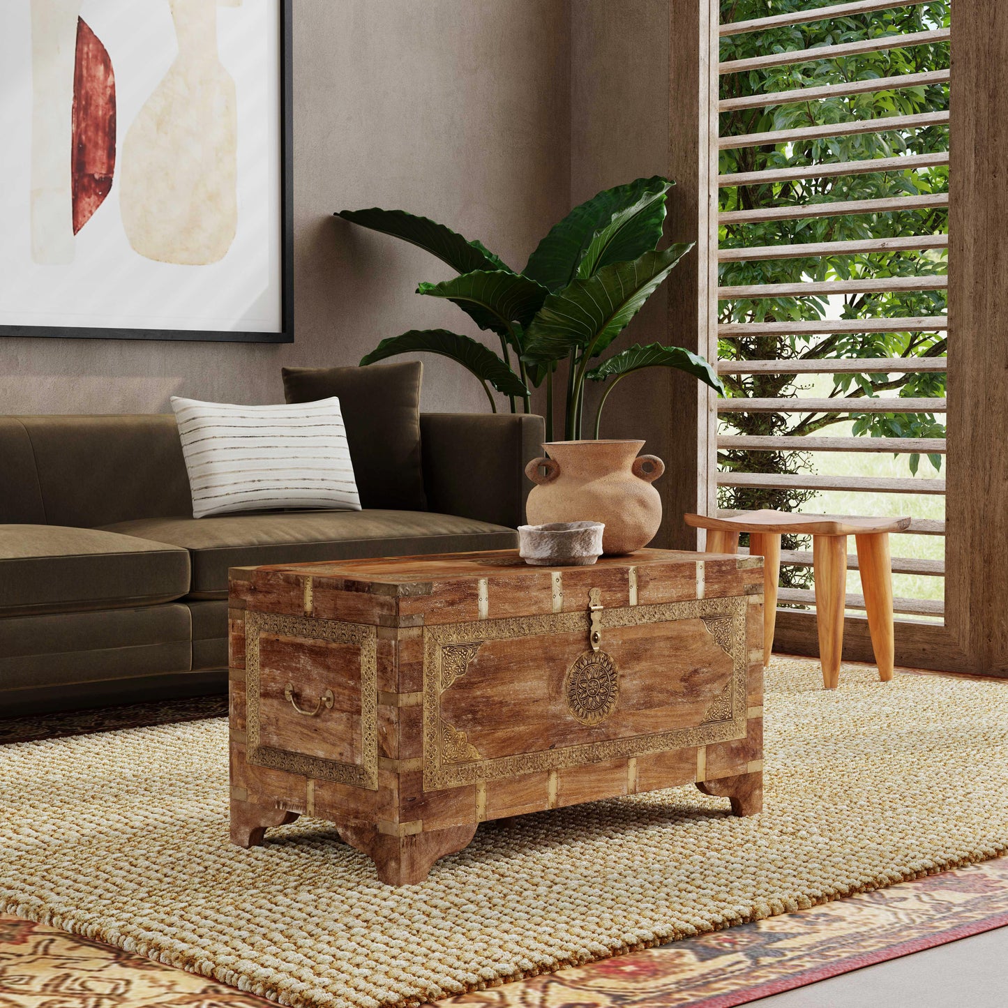 Butler Specialty Company Nador 32 in. W Rectangular Hand-Painted Brass Inlay Storage Trunk Coffee Table, Light Brown