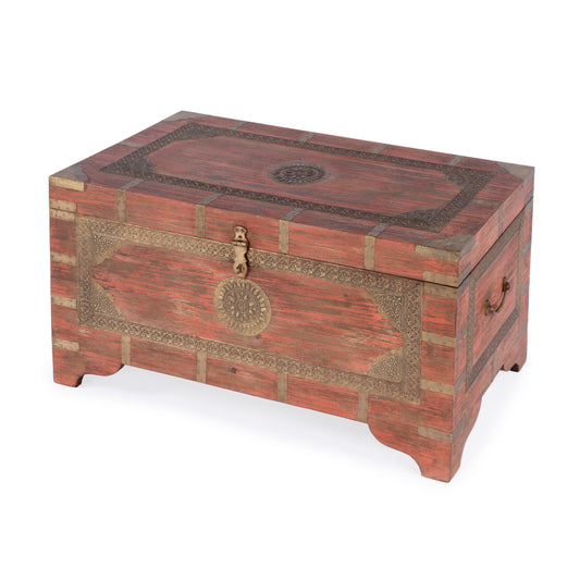 Butler Specialty Company Nador 32 in. W Rectangular Hand-Painted Brass Inlay Storage Trunk Coffee Table, Pink