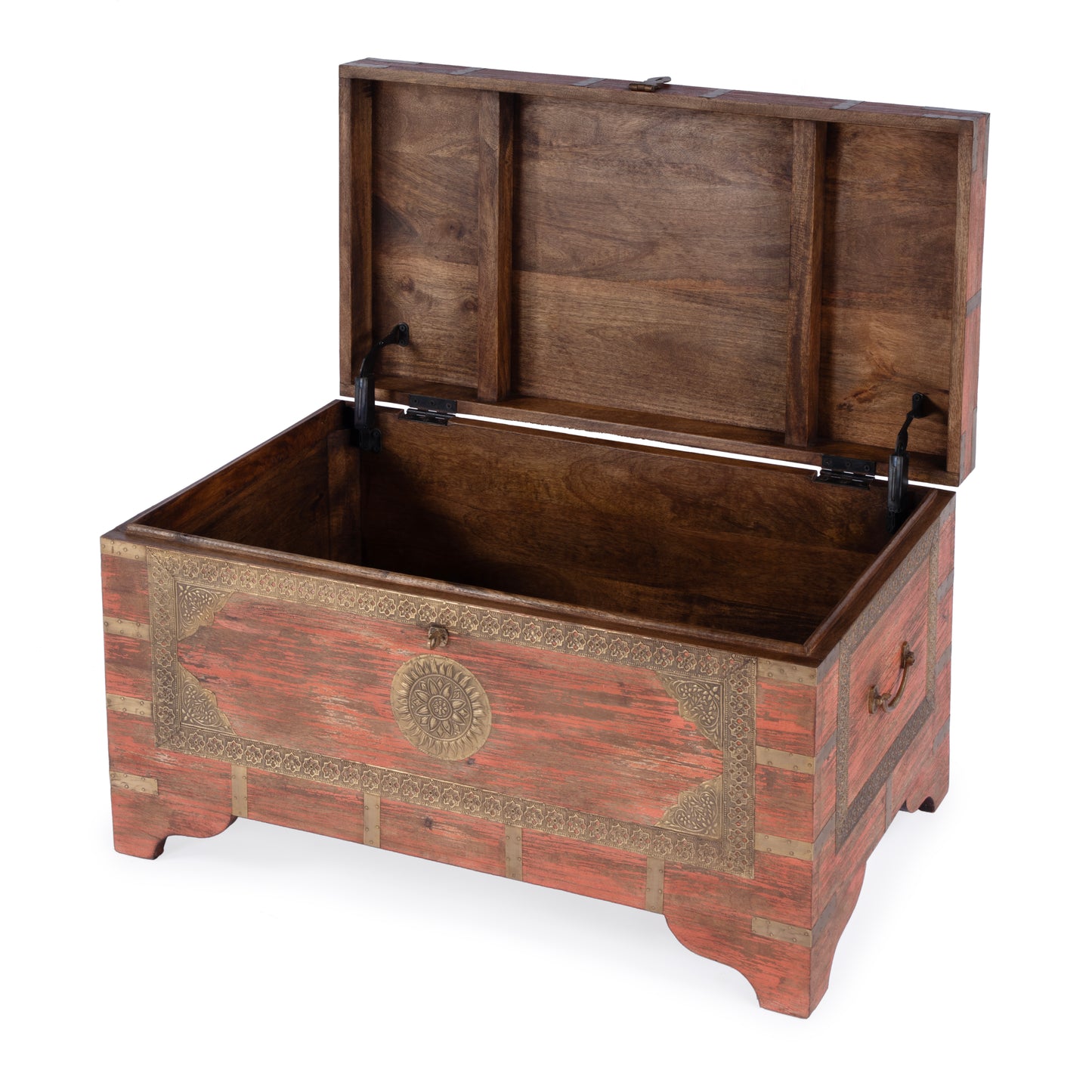 Butler Specialty Company Nador 32 in. W Rectangular Hand-Painted Brass Inlay Storage Trunk Coffee Table, Pink