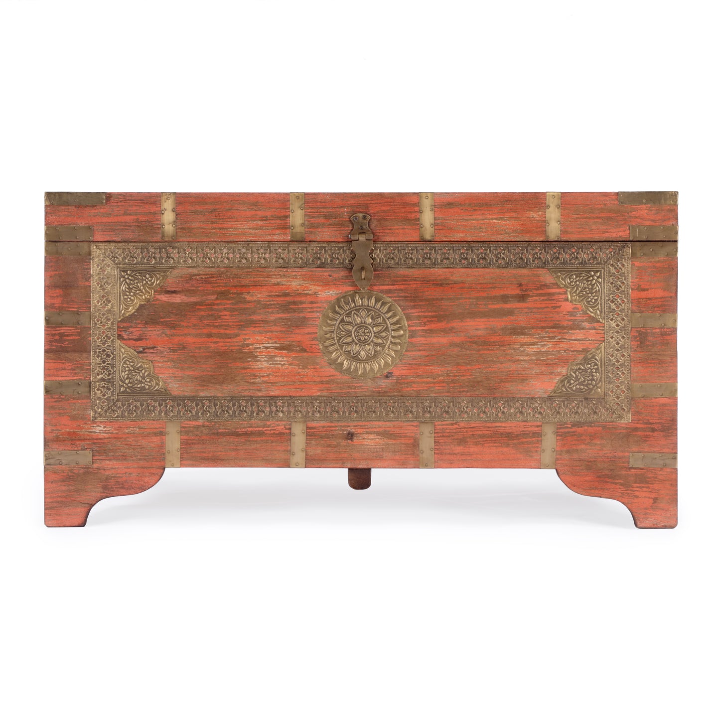 Butler Specialty Company Nador 32 in. W Rectangular Hand-Painted Brass Inlay Storage Trunk Coffee Table, Pink