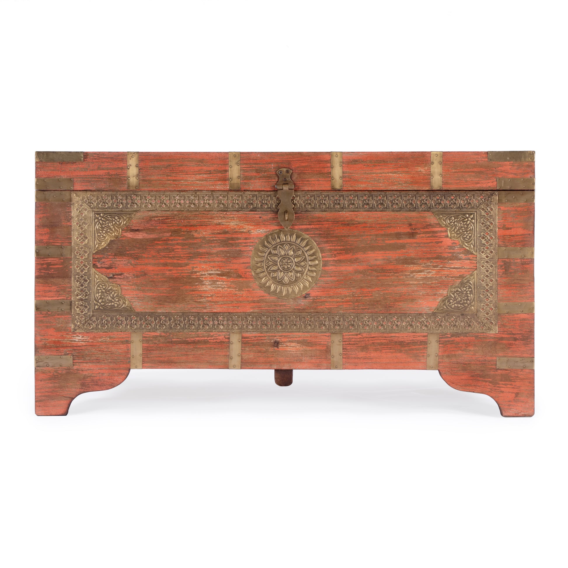 Butler Specialty Company Nador 32 in. W Rectangular Hand-Painted Brass Inlay Storage Trunk Coffee Table, Pink