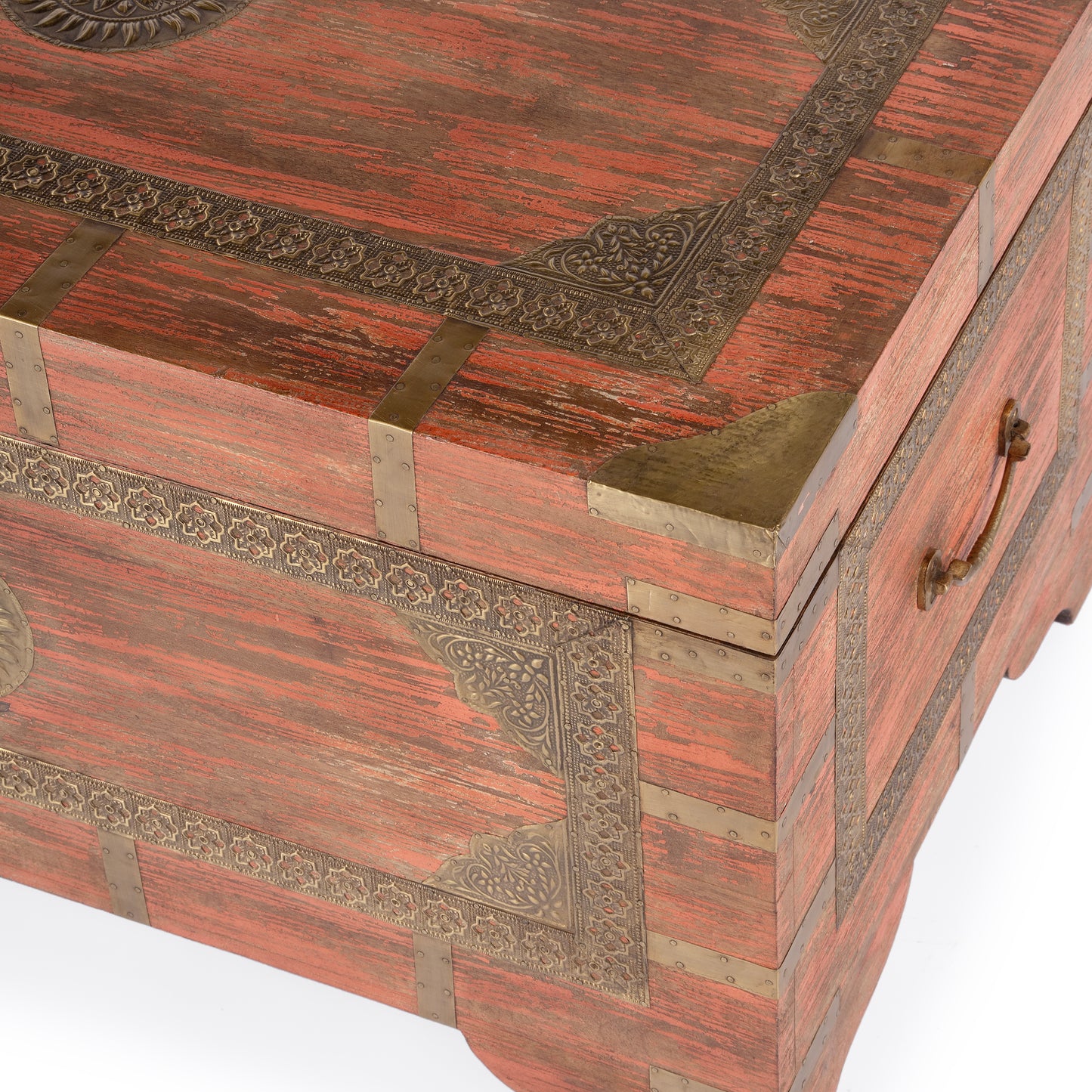 Butler Specialty Company Nador 32 in. W Rectangular Hand-Painted Brass Inlay Storage Trunk Coffee Table, Pink