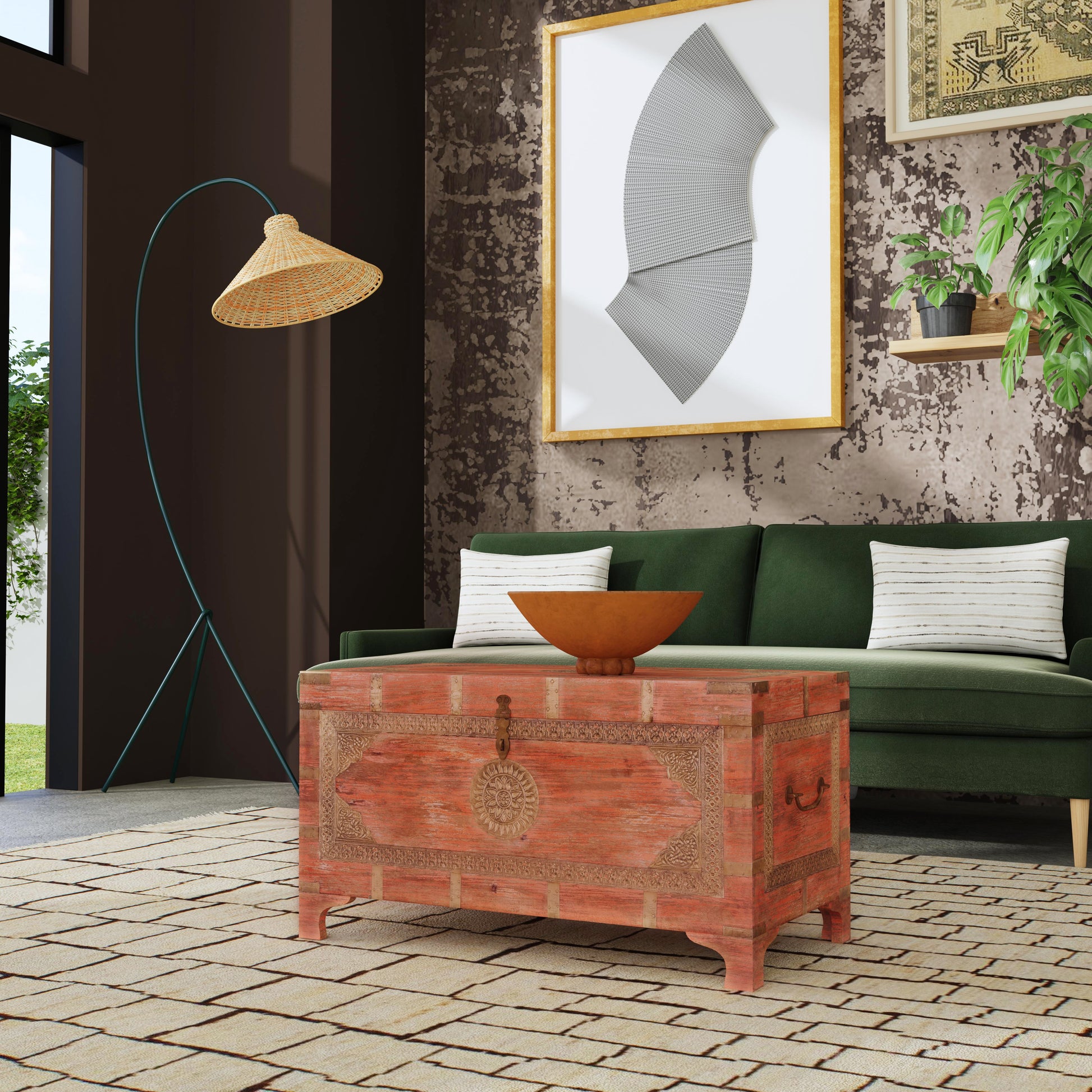 Butler Specialty Company Nador 32 in. W Rectangular Hand-Painted Brass Inlay Storage Trunk Coffee Table, Pink