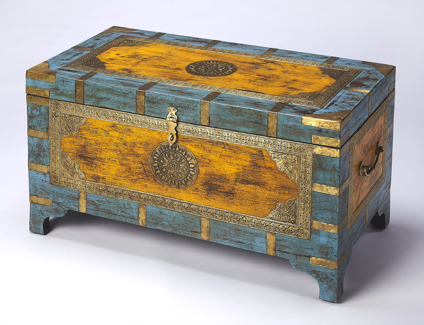 Butler Specialty Company Nador 32 in. W Rectangular Hand-Painted Brass Inlay Storage Trunk Coffee Table, Assorted