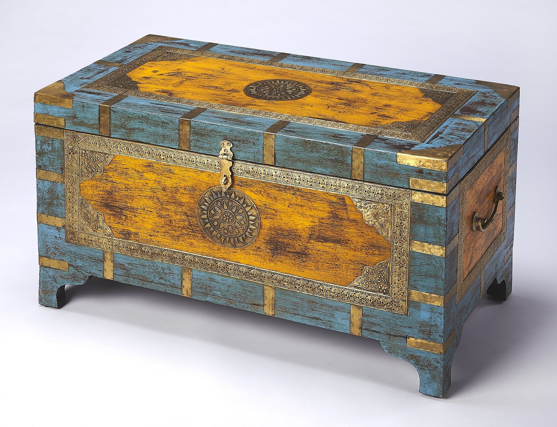 Butler Specialty Company Nador 32 in. W Rectangular Hand-Painted Brass Inlay Storage Trunk Coffee Table, Assorted