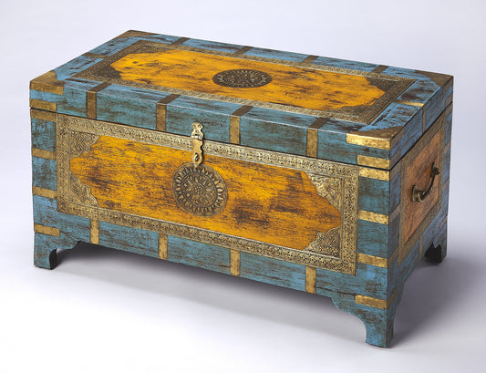 Butler Specialty Company Nador 32 in. W Rectangular Hand-Painted Brass Inlay Storage Trunk Coffee Table, Assorted